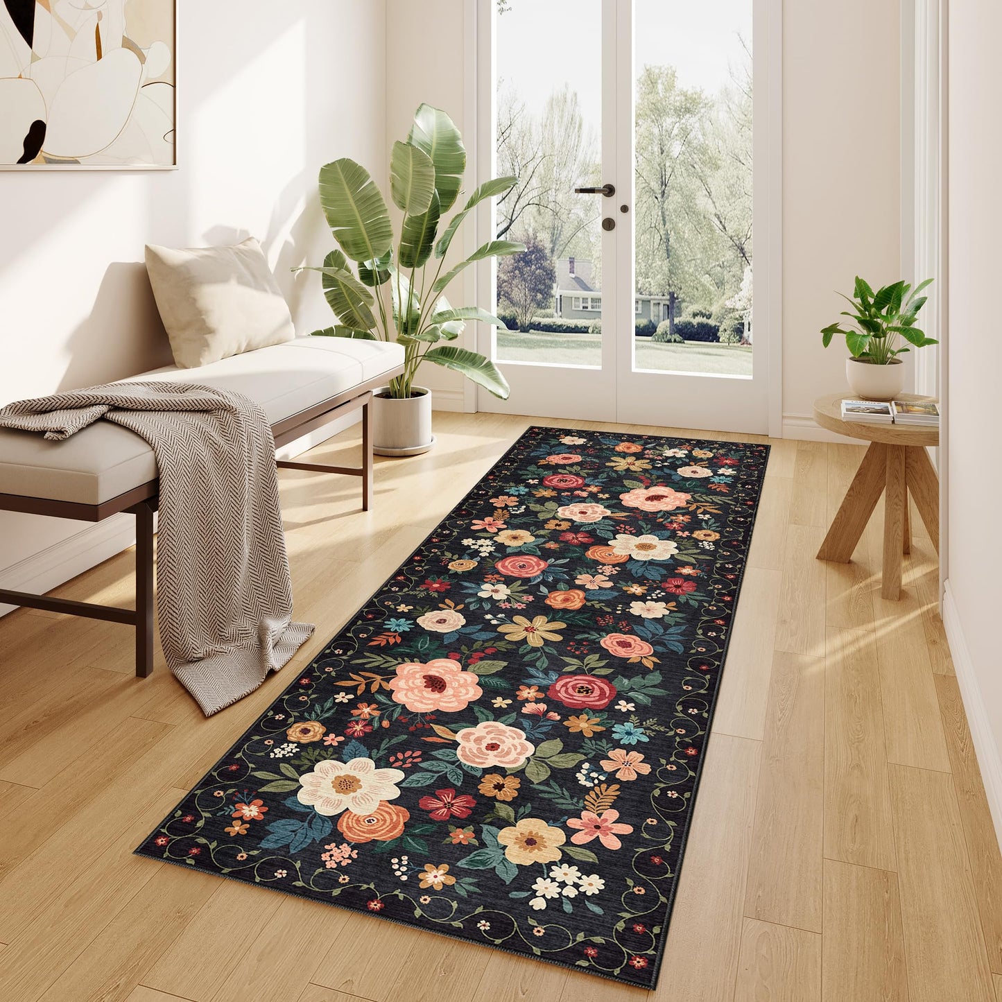 DUKINO 2x6 Runner Rug for Hallway, Washable Kitchen Runner Rug with Non Slip Backing, Low Pile Soft Boho Floral Runner for Kitchen, Hallway, Entryway, Laundry, Bedroom, Black