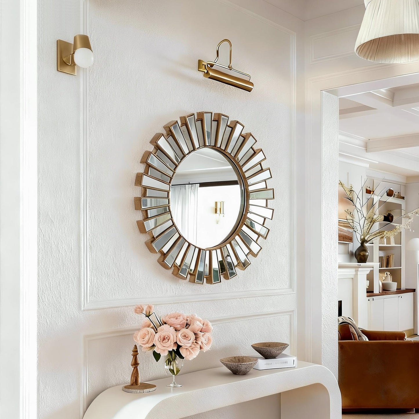 SHYFOY 23.6" Gold Sunburst Wall Mirror, Round Beveled Decorative Mirror with Layered Metal Frame, Glam Luxury Accent Wall Mirror for Living Room, Entryway & Bedroom