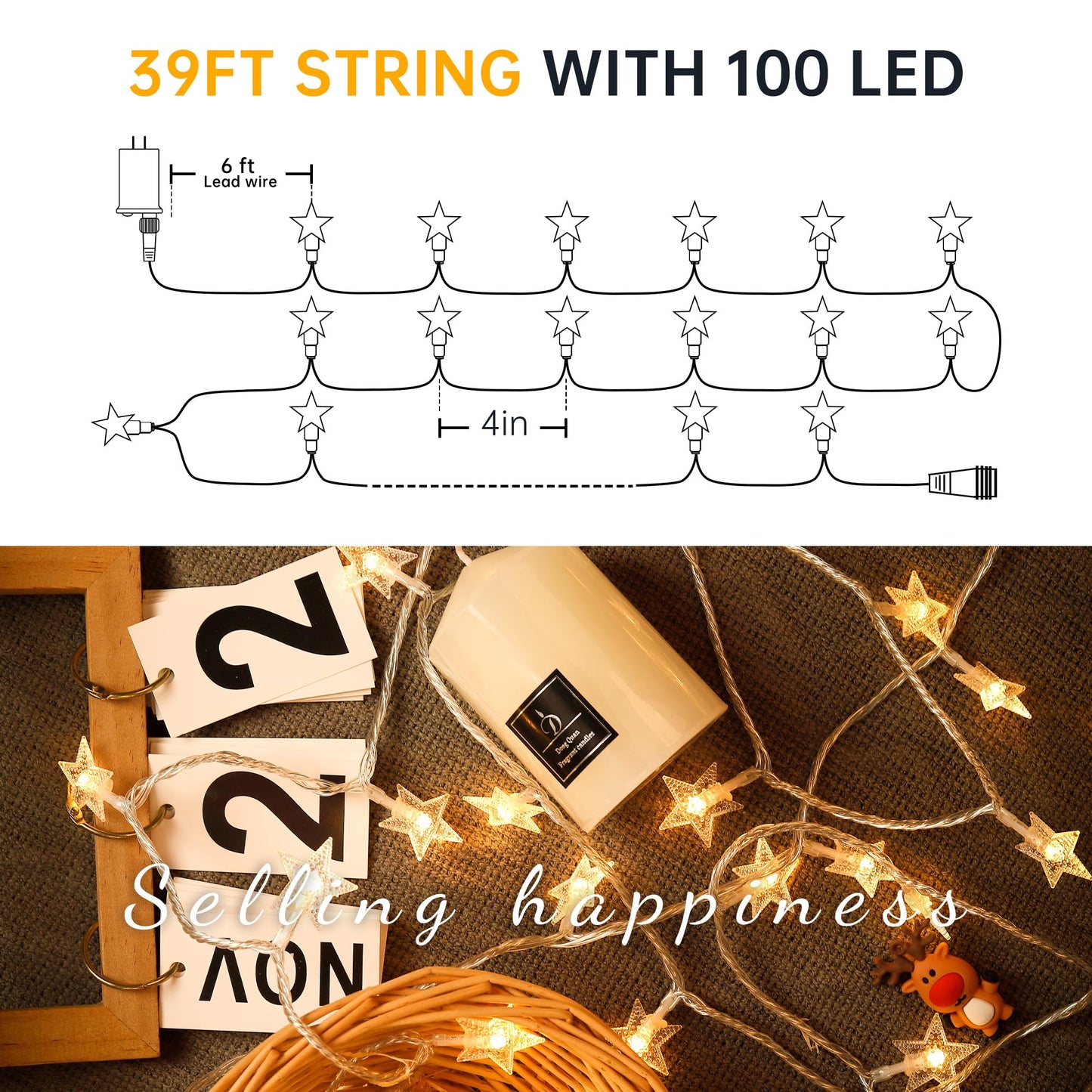 HEYFUNi Warm White Star String Lights,39FT 100LED Plug in Fairy Twinkle Lights with 8 Modes Waterproof for Indoor Christmas Tree, Home, Girls'Room, Garden, Party, Wedding, Classroom Decor(Warm White)