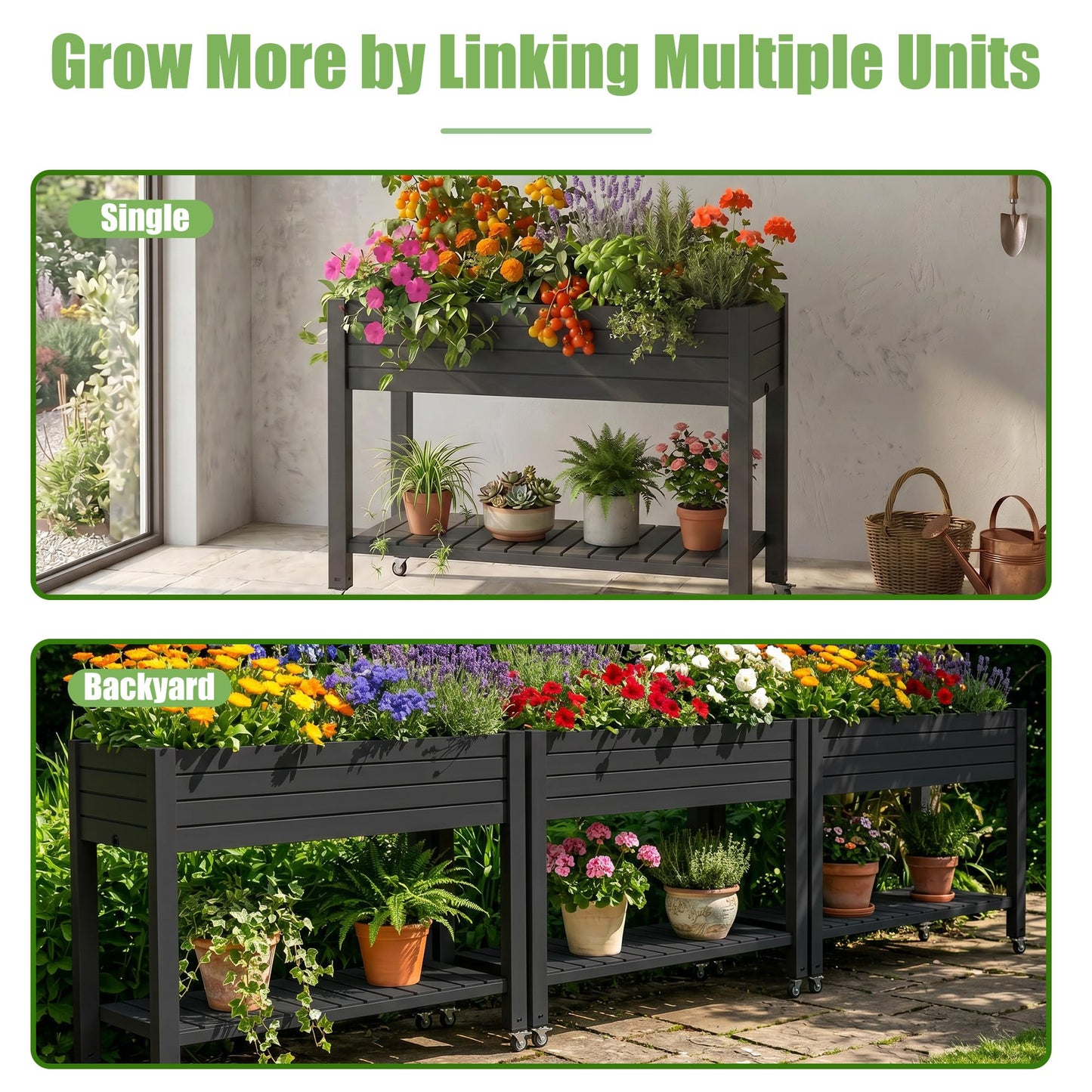 EFU Raised Garden Beds Outdoor, with Wheels for Mobility, Extra Storage Shelf, Water Level Monitoring, 21 Gallon Planter Raised Beds for Vegetables, Herbs, Fruits, Backyard, Patio, Balcony (Black)