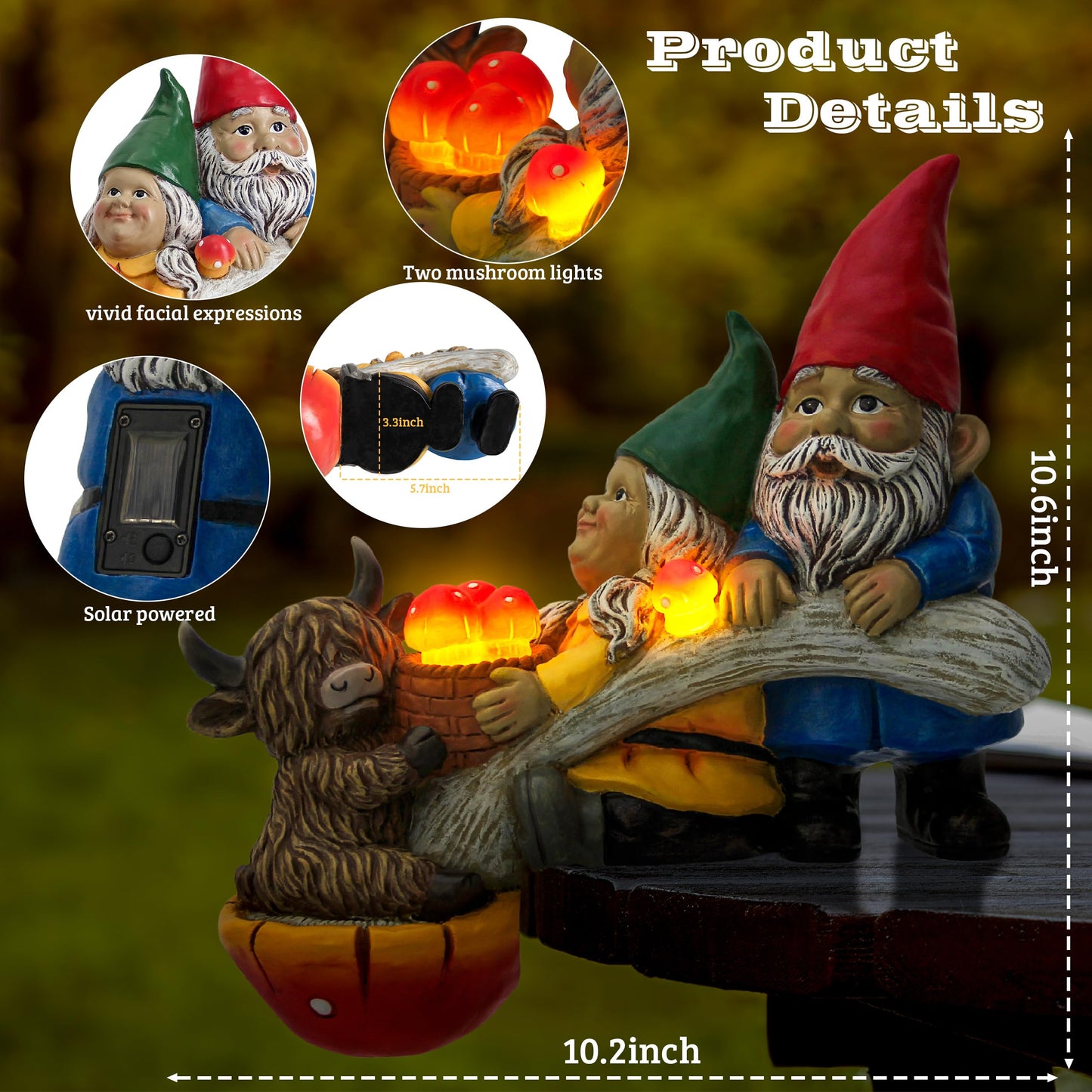 Garden Gnomes and Highland Cow Statue with Mushroom Solar Light, Couple Gnome Figurine for Outdoor Patio Lawn Porch Yard Edge Shelf Sitter Decoration, Garden Knome Holiday Indoor Decor, Love Gift