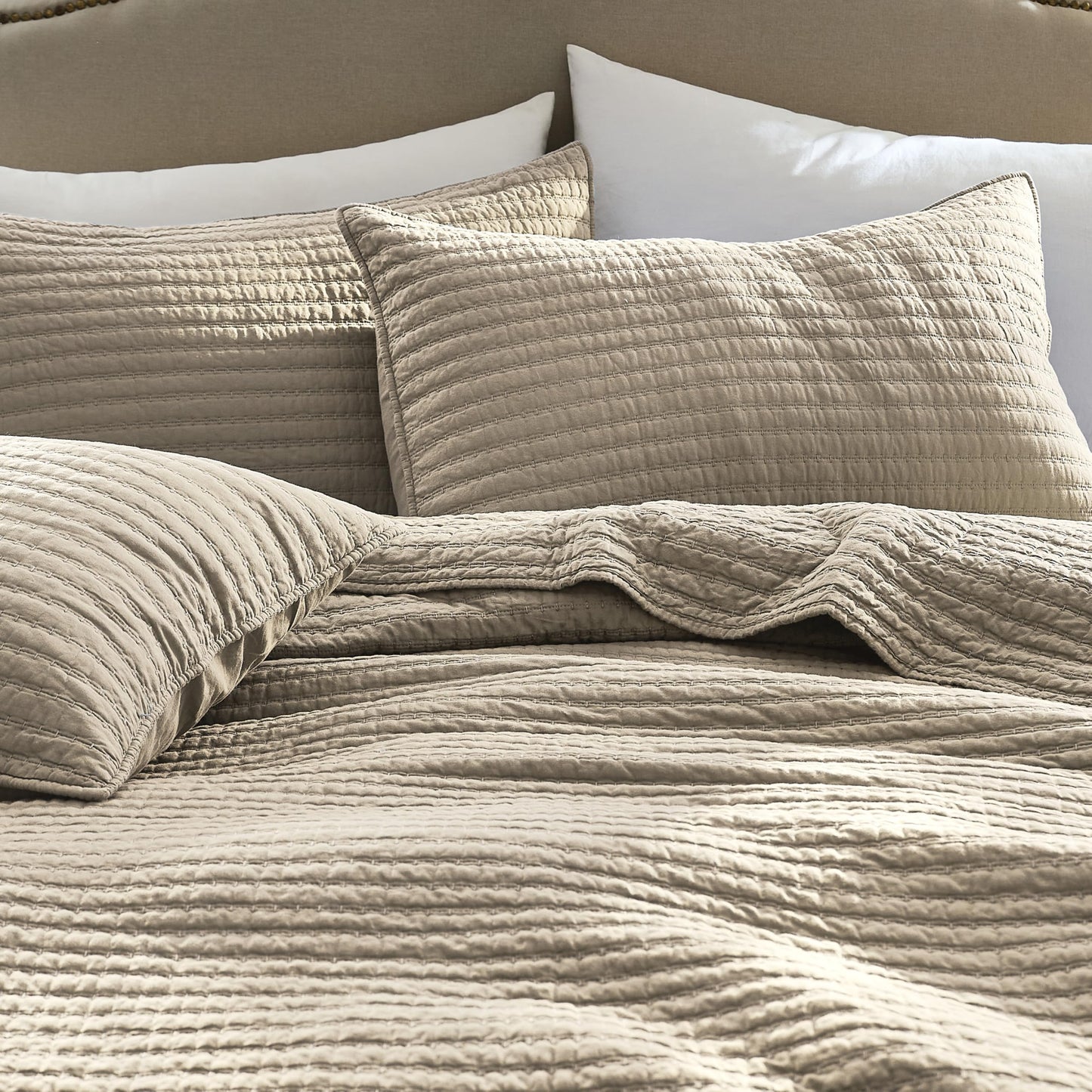 WDCOZY 100% Cotton Queen Size Quilt Set - Beige Neutral Striped Pick Stitch Soft Lightweight Bedspread, Textured Like Linen, Farmhouse Country Rustic Coverlet, Shabby Chic Gauze Bedding, 3 Pieces