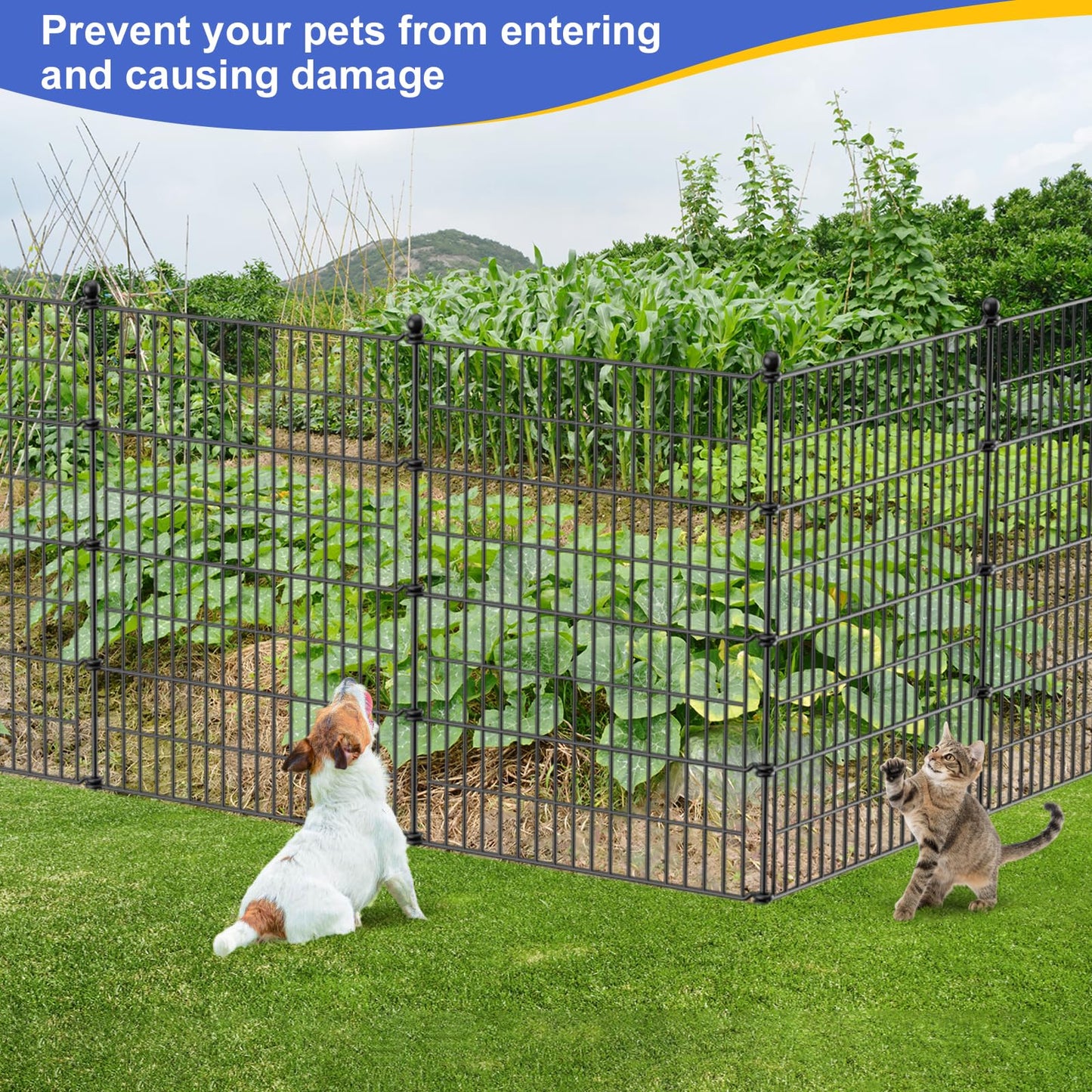 5 Panels No Dig Decorative Garden Fence with Gate, 40 in(H) X 11.8 ft(L) Outdoor Dog Rabbits Fence, Animal Barrier Pet Fencing Rustproof Metal Wire Panel Border for Yard, Patio, Flower Bed