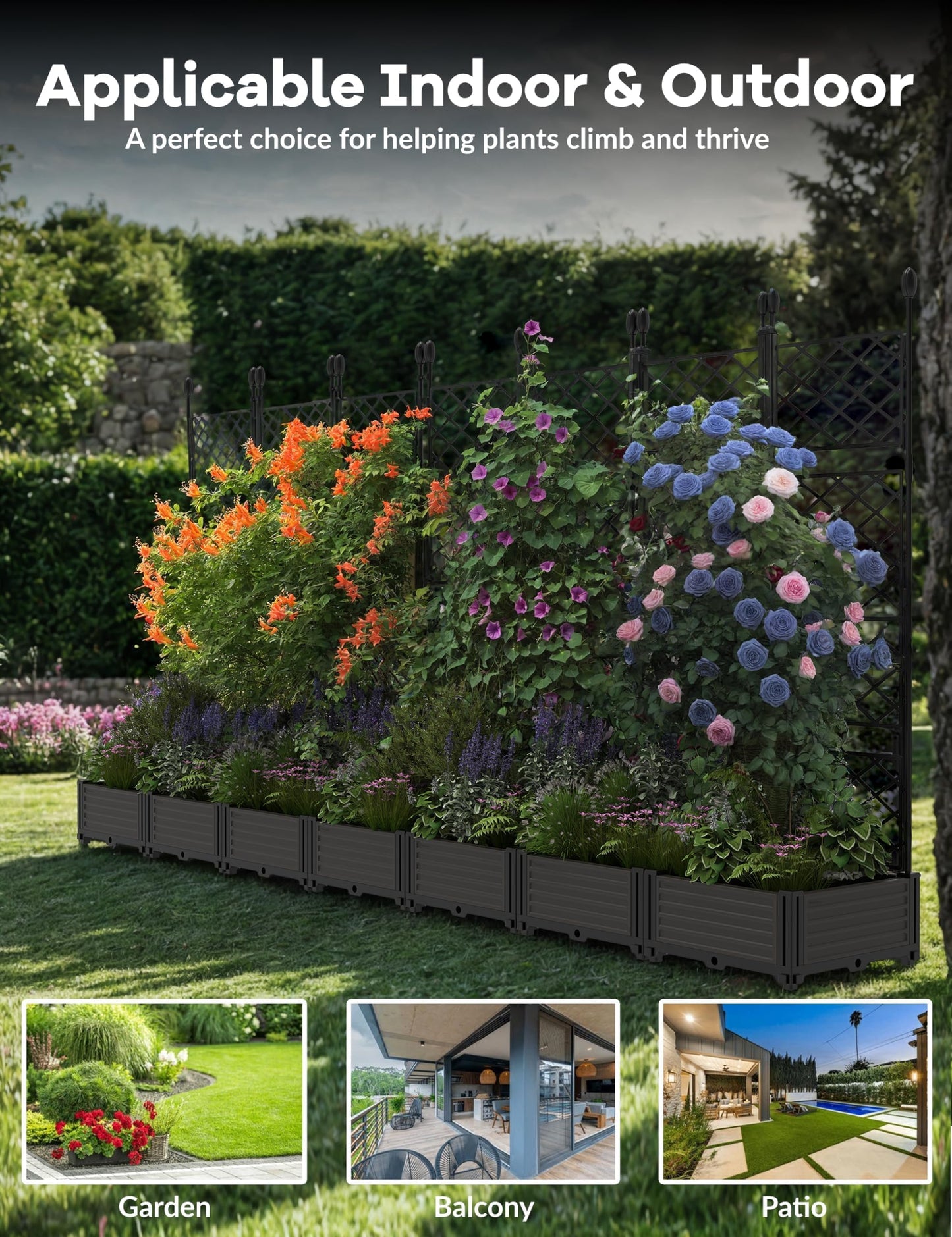 7 PCS Raised Garden Bed with Trellis, 114" LX16 WX63 H Plastic Planter Box for Climbing Plants, Outdoor Vertical Garden with Privacy Screen for Patio, Balcony, Backyard – Sturdy & Lightweight