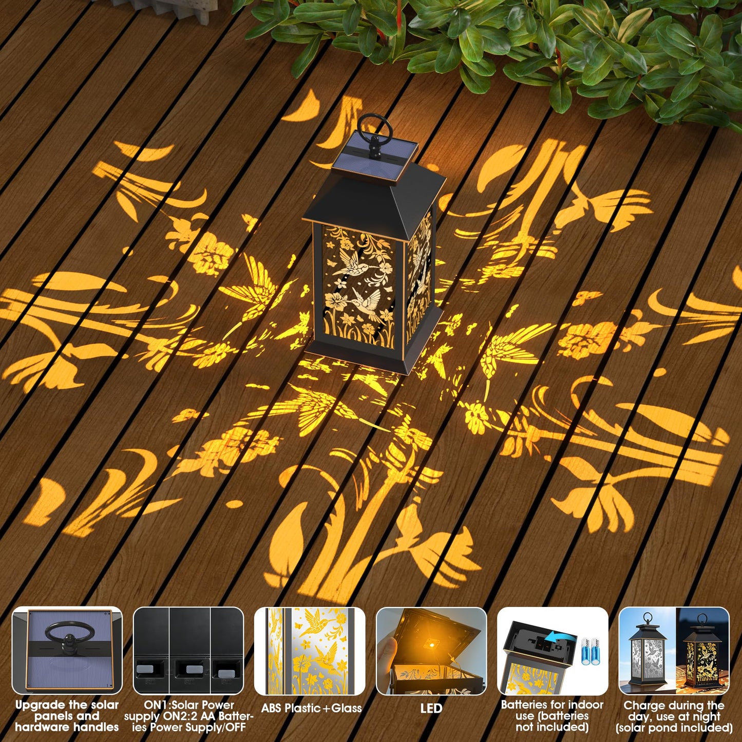 2 Pack Hanging Solar Lanterns, Hummingbird Projection Solar Lights, Outdoor Waterproof Upgraded Solar and 2 AA Batteries Powered, for Outside Porch, Patio and Indoor Tables, Mantelpiece.