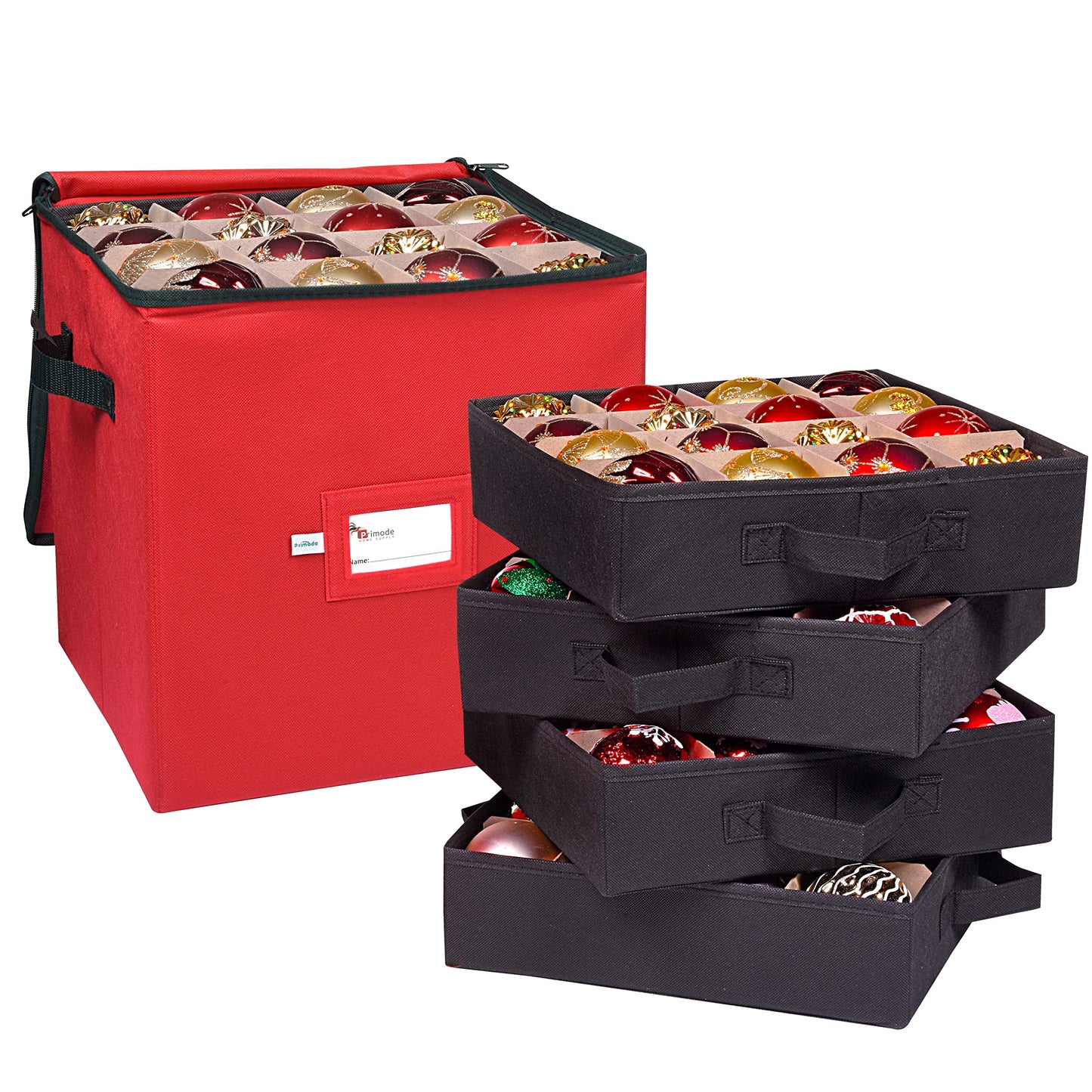 Primode Christmas Ornament Storage Box, 4 Individual Trays Xmas Storage Container, Fits 64 Ornaments Decoration Balls, Constructed of Durable Polyester Material (Red)