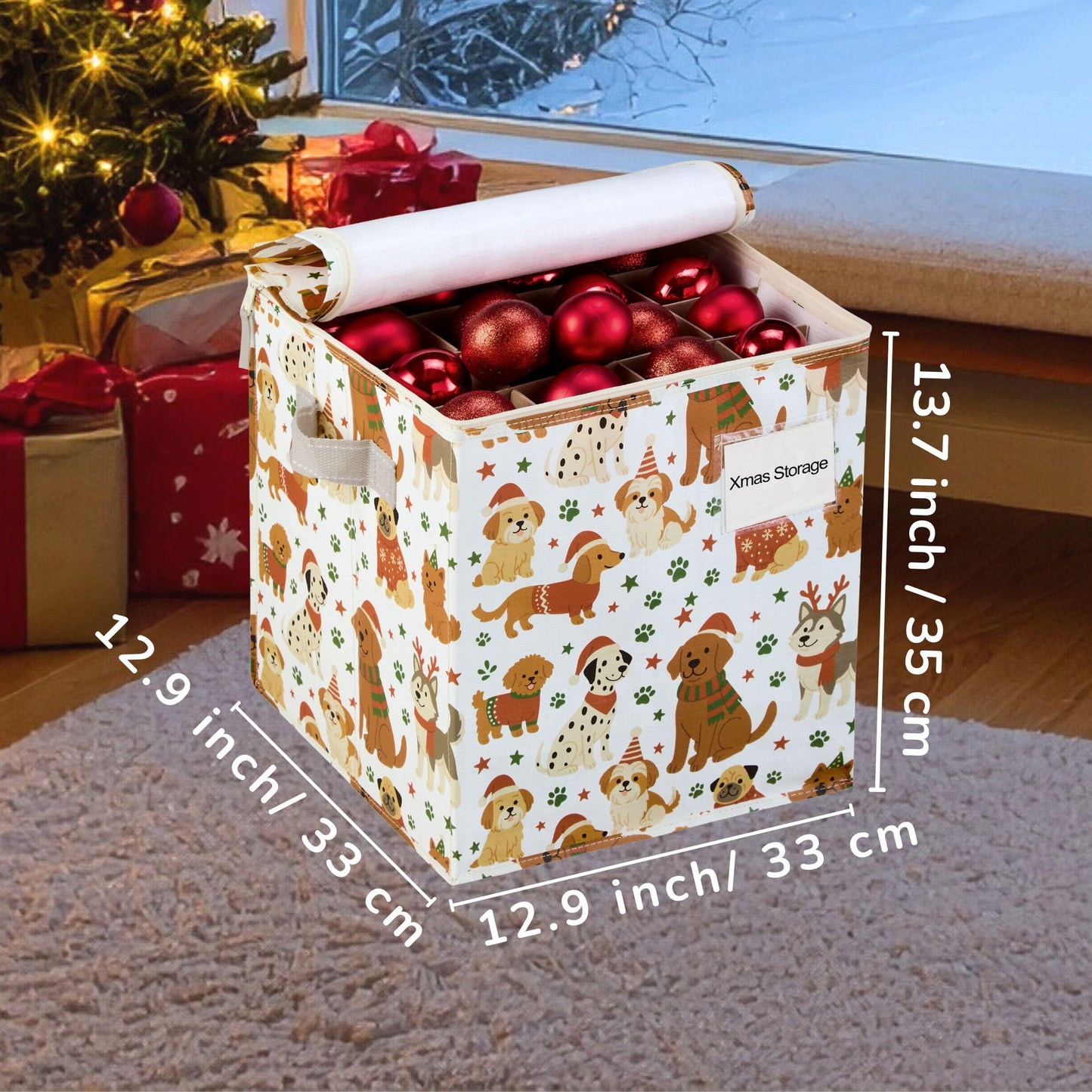 VENO 2 Pack Christmas Ornament Storage Box, Holiday Ornament Organizer with Adjustable Dividers, Sturdy Storage Containers for 64 Ornaments, Zippered Lid & Handles, 3" Cube (Holiday Pups)