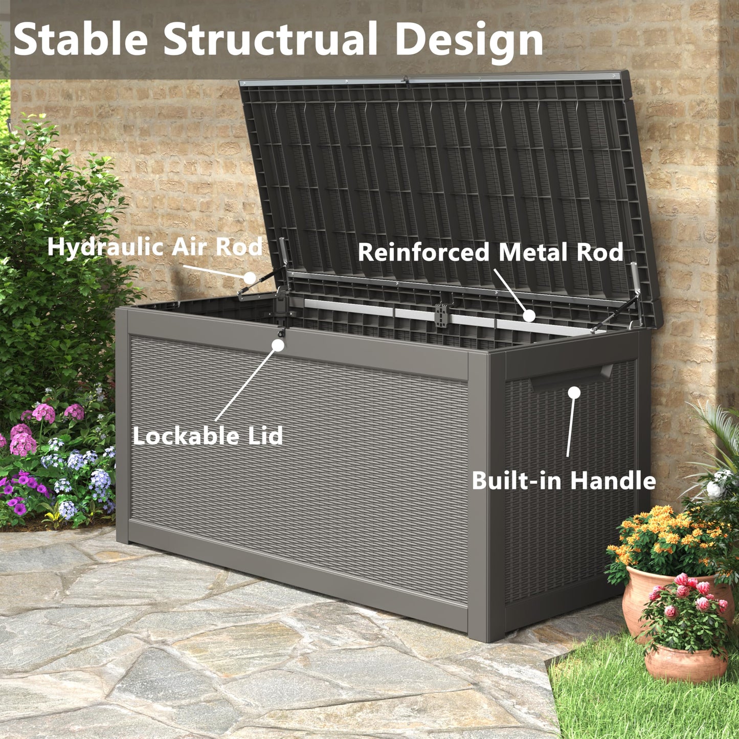 KAMABOKO 280 Gallon Outdoor Storage Box, Resin Deck Boxes Indoor and outdoor, Waterproof Storage Box Lockable Lid for Garden Tools, Package Delivery, Patio Cushions, Grey