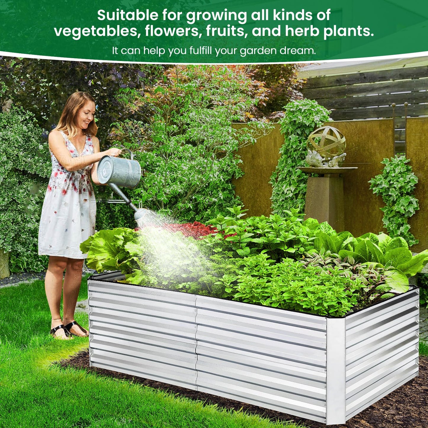 6x3x2FT Raised Garden Bed Kit, Galvanized Planter Raised Garden Boxes Outdoor w/Anti Cutting Strip & A pair of gloves, Deep Root Raised Planter for Vegetables, Fruits, Flowers and Herbs, Silver