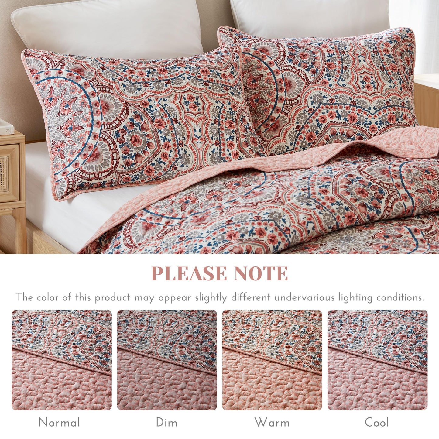 Comfort Spaces Valerie Boho Quilt Set Twin/Twin XL Pink - Soft Reversible Watercolor Medallion Bedding, Lightweight All Season Bedspread for Kids Teens Dorm Guest Room