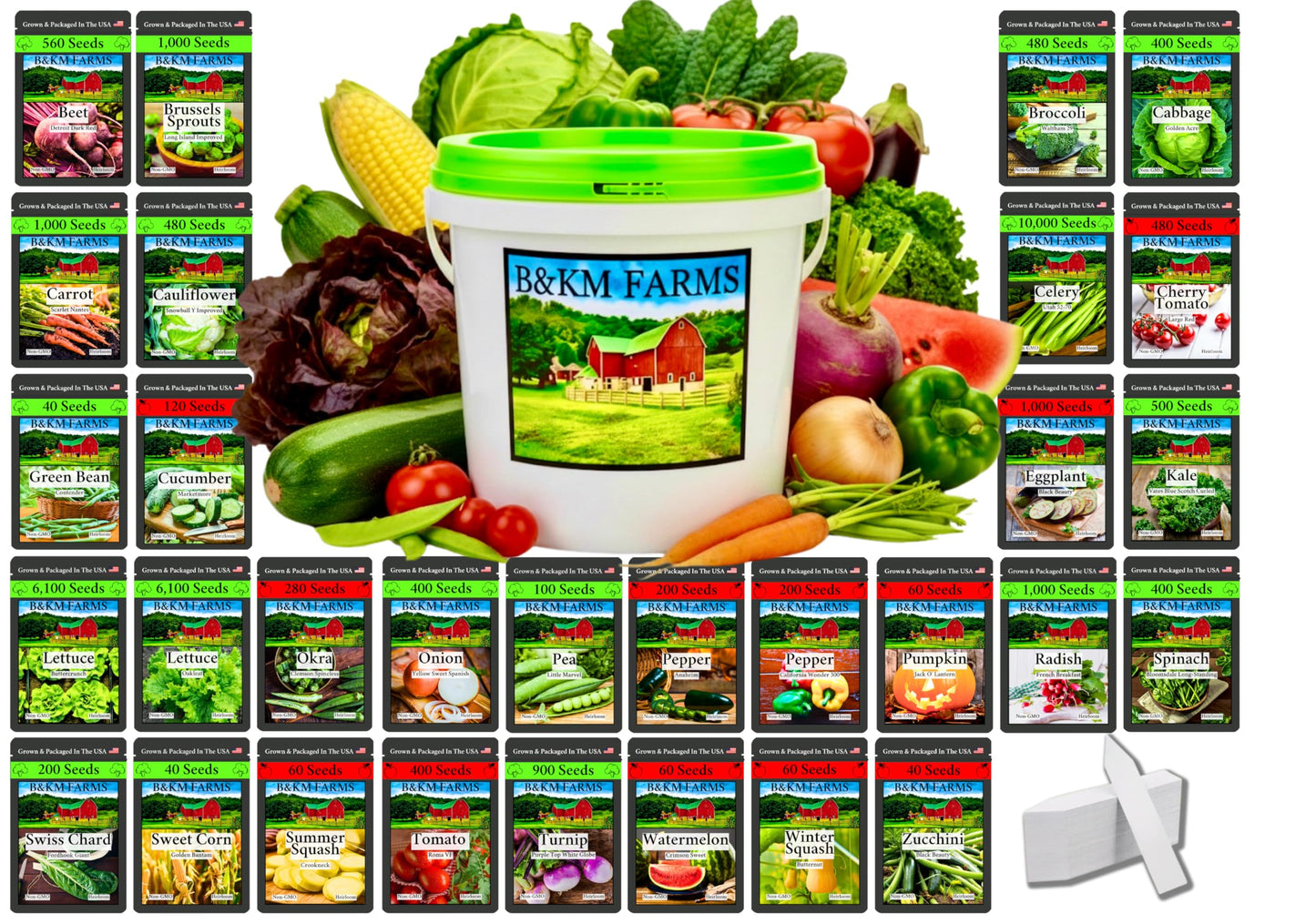 B&KM Farms 20,000+ Survival Seed Kit 5+ Year Supply. 30 Fruit & Vegetable Non-GMO Heirloom Seeds for Planting a Home Garden. Secure Emergency Weather-Proof Bucket