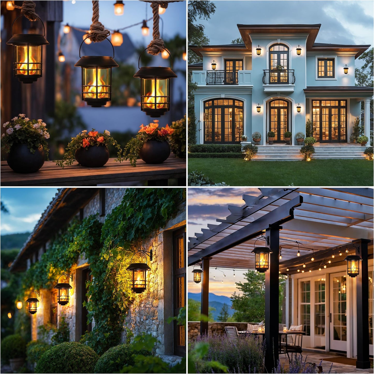 Otdair Solar Lanterns Outdoor Waterproof, 2 Pack Flickering Flames Wall Garden Decor with Glass Shade, Hanging Solar Lights Wall Mount Decorations for Halloween, Front Porch, Patio, Yard
