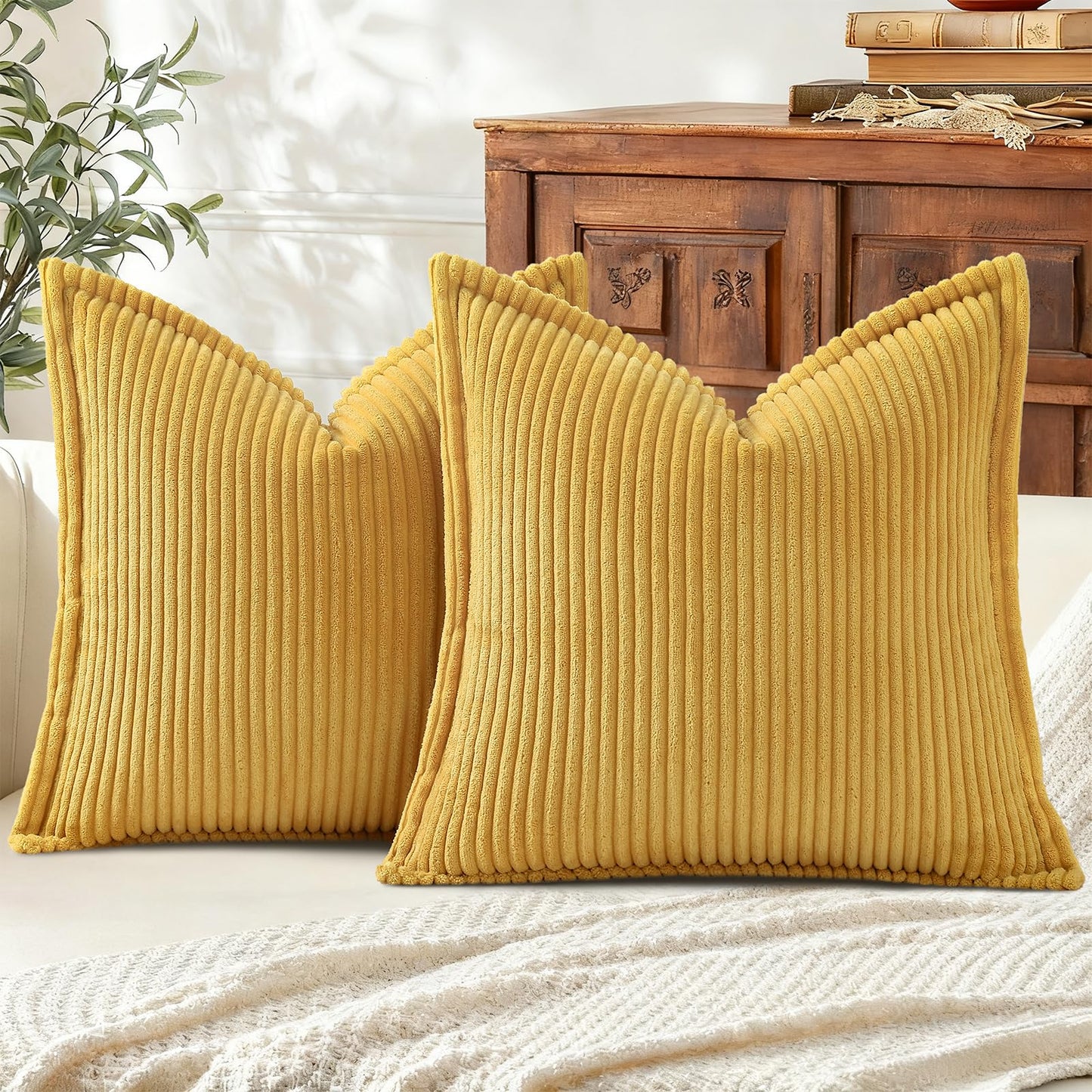 Mecatny Corduroy Throw Pillow Covers 26x26 Set of 2, Neutral Decorative Soft Boho Couch Pillow Covers with Broadside for Sofa Living Room, Mustard Yellow