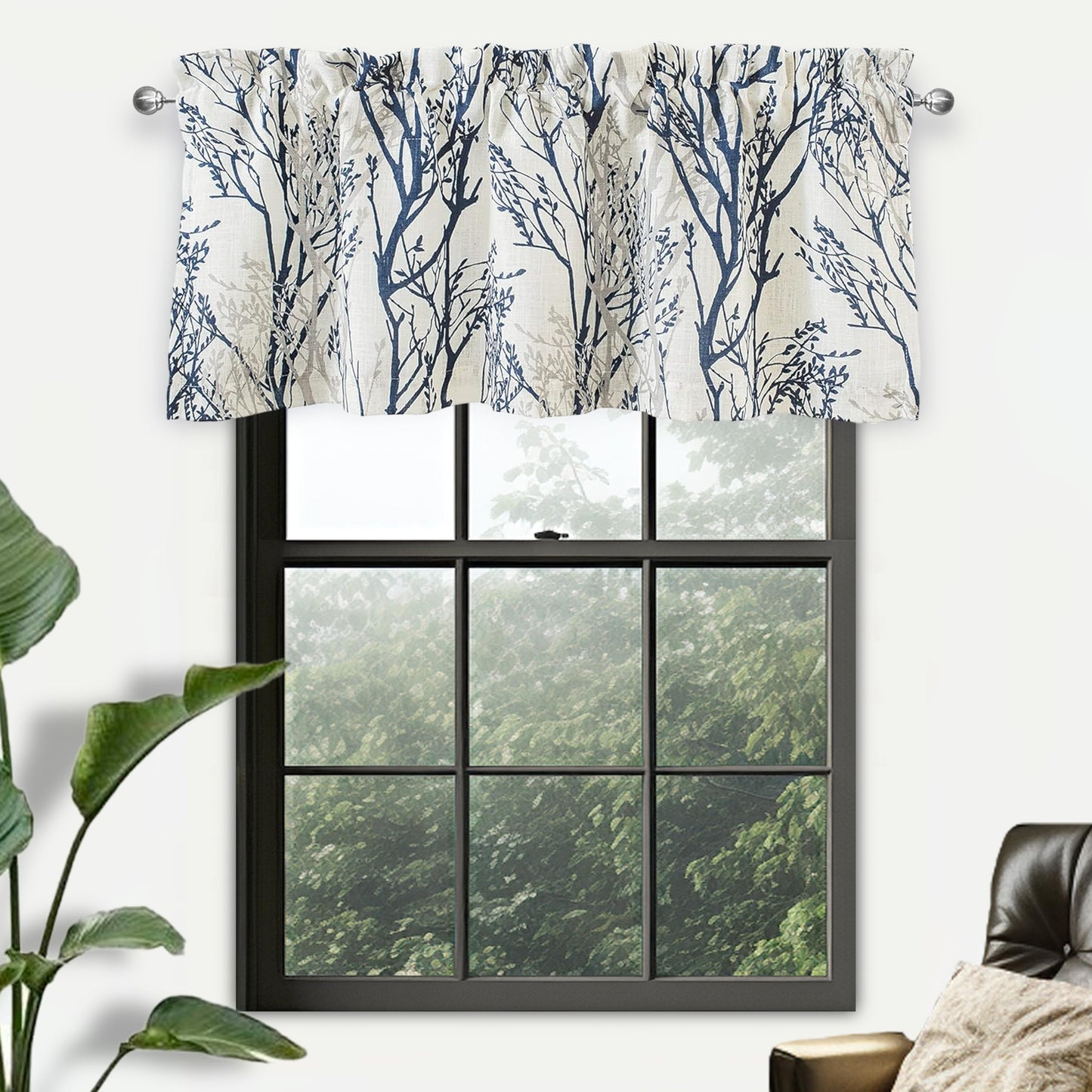 DriftAway Tree Branch Linen Lined Valance Double Layer Thermal Insulated Room Darkening Blackout Valances 3 Inch Rod Pocket Short Window Valance for Living Room Bathroom 52 Inch by 14 Inch Blue