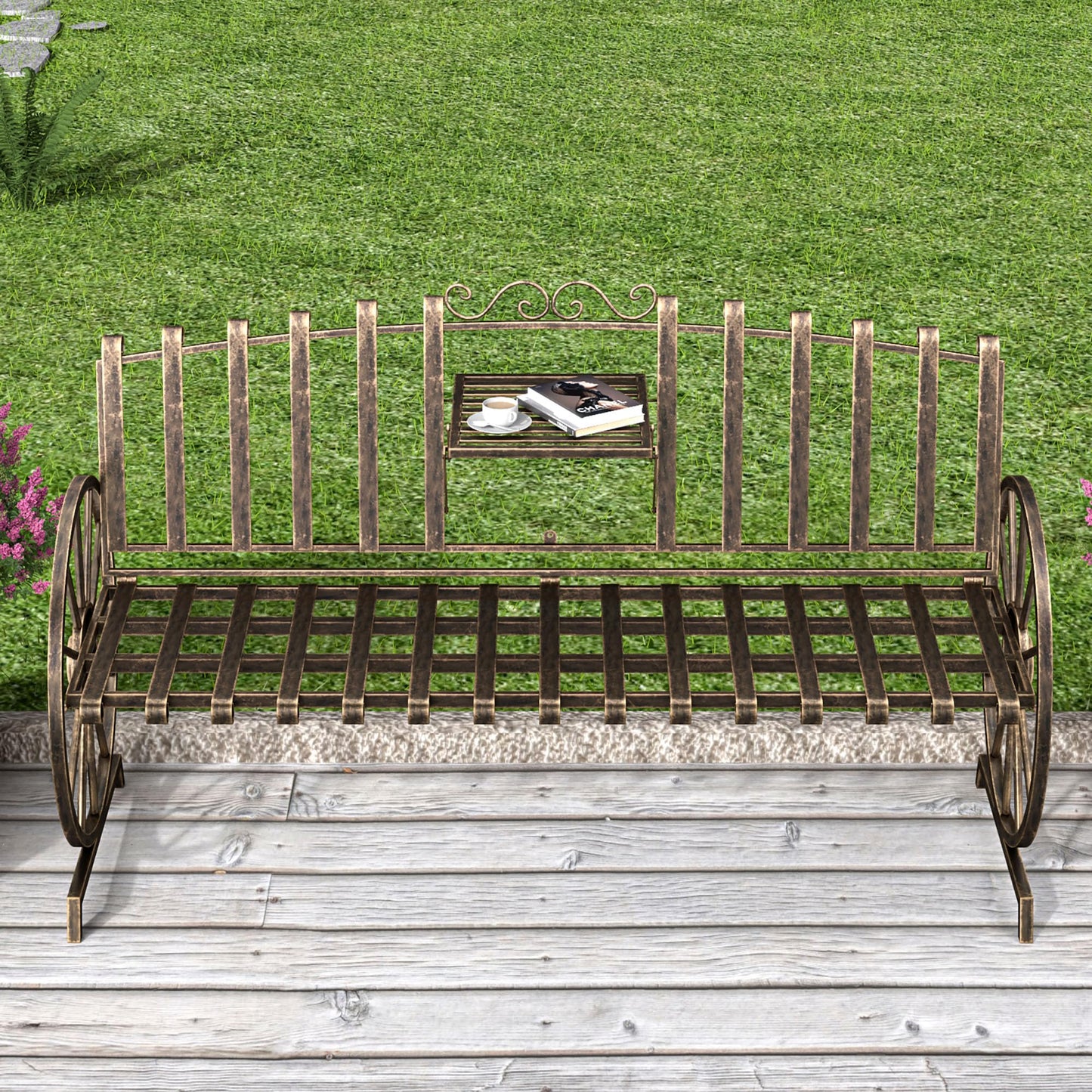 Boweniog Outdoor Bench Patio Outdoor Garden Bench with Built-in Table, Wagon Wheel Arms, 3 People Outdoor Bench Garden Bench Front Porch Furniture Patio Lawn Yard Park (Bronze)