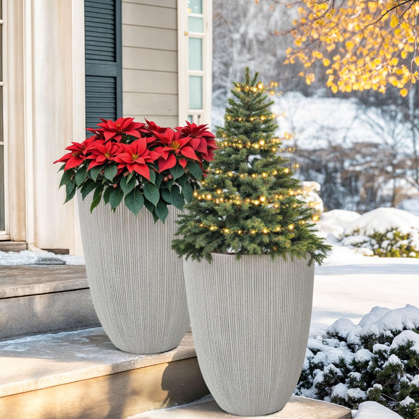 Ultym 19" Tall Planter for Indoor Outdoor Plants, Set of 2 Large Flower Pot with Drainage Hole, Weather/UV-Resistant Resin Planters for Garden Patio Porch Home office Decor, Mediterranean Beige Fluted
