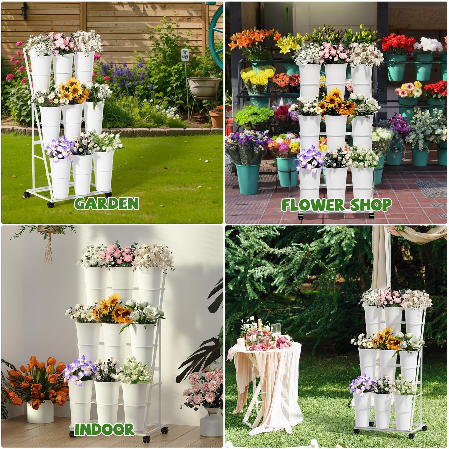 Invech Flower Display Stand with 9 Buckets, 3 Tier Flower Cart Display Stand and Wheels for Indoor Outdoor Garden, Wedding, Flower Shop (White)