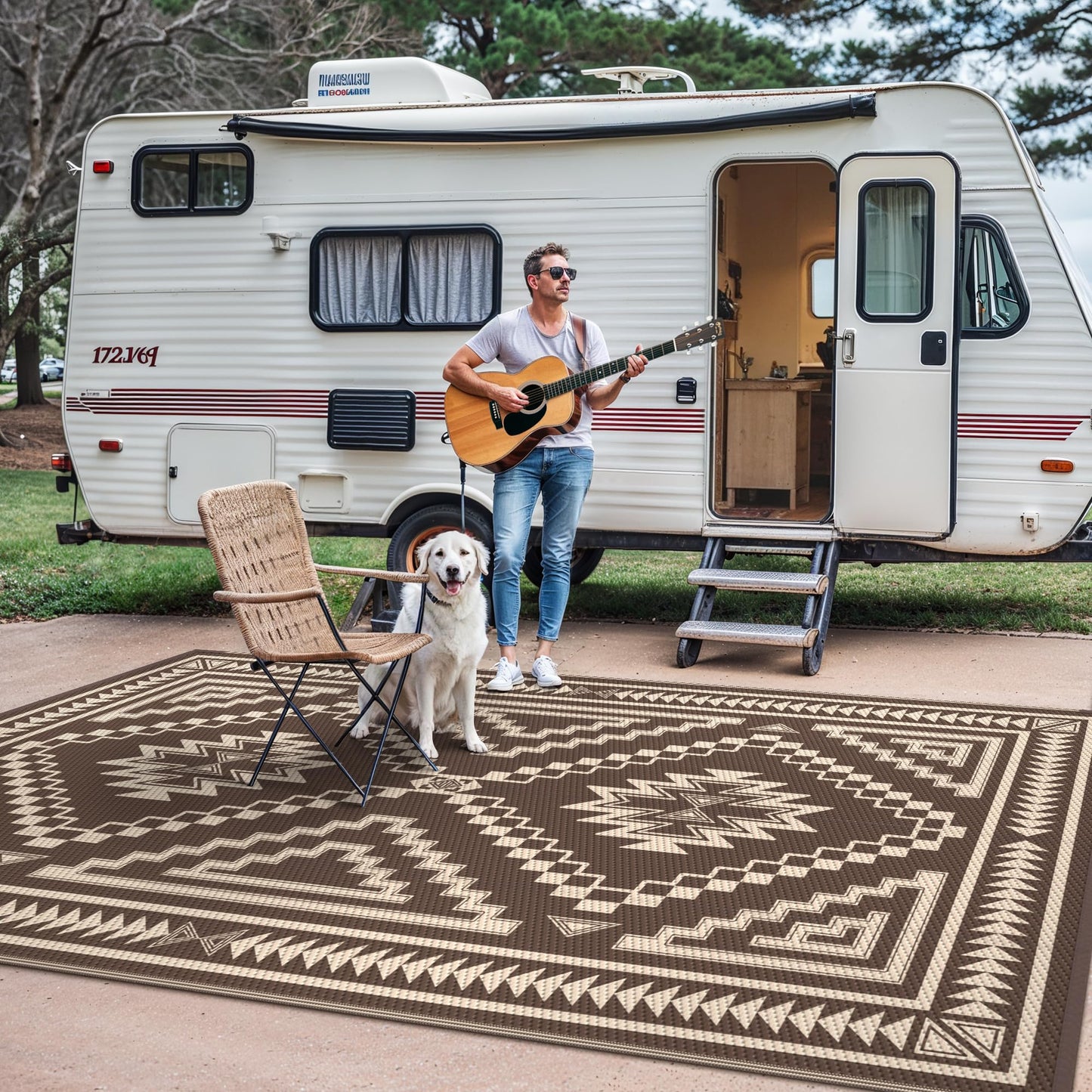 GENIMO Outdoor Rug for Patio Clearance - 8x10 ft Waterproof Plastic Camping Rugs, Reversible Outside Rv Mat Carpet for Porch, Deck, Picnic, Balcony, Beach, Backyard, Coffee Beige