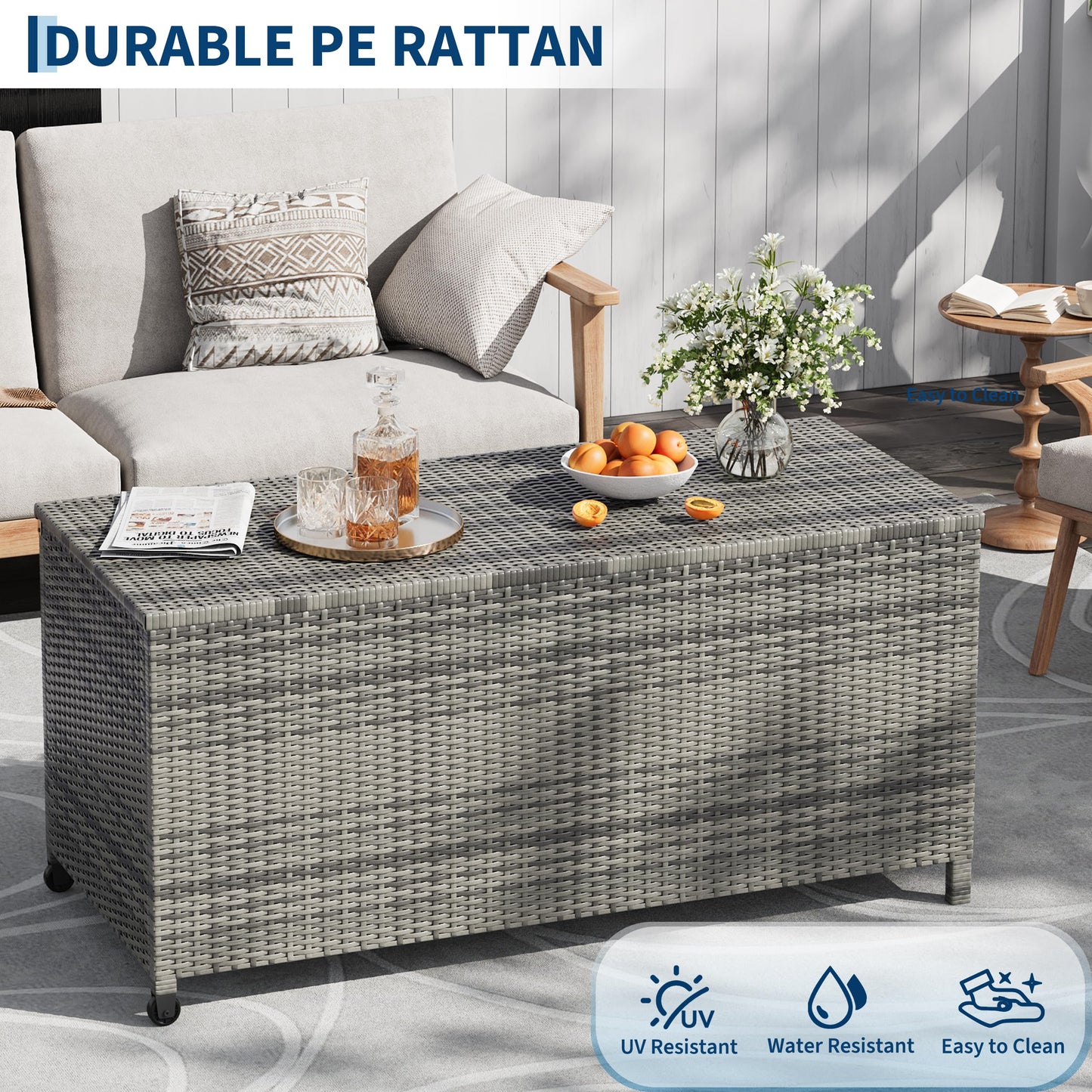 125 Gallon Large Deck Box Waterproof PE Rattan Outdoor Storage Box with Handles and Wheels, Storage Bin for Garden, Balcony, Porch, Pool, Yard