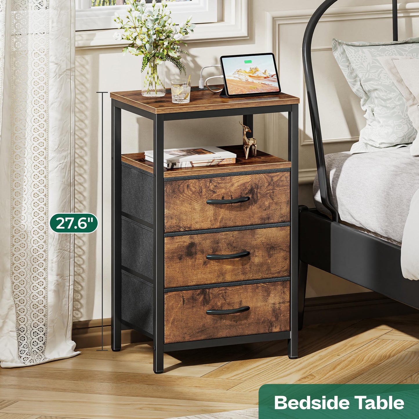 Huuger Nightstand with Charging Station, 27.6 Inch Bedside Table with Fabric Drawers, End Table with USB Ports and Outlets, Night Stand for Bedroom, Rustic Brown