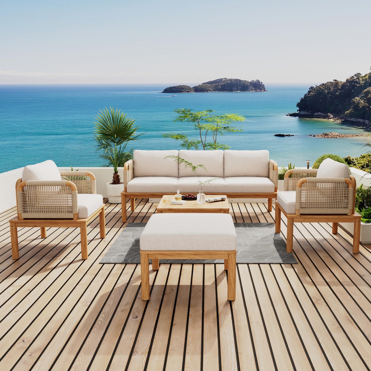 Merax Outdoor 5-Piece Acacia Wood & Rope Patio Sofa Set with Ottoman & Table, Water-Repellent Cushions, for Garden & Patio
