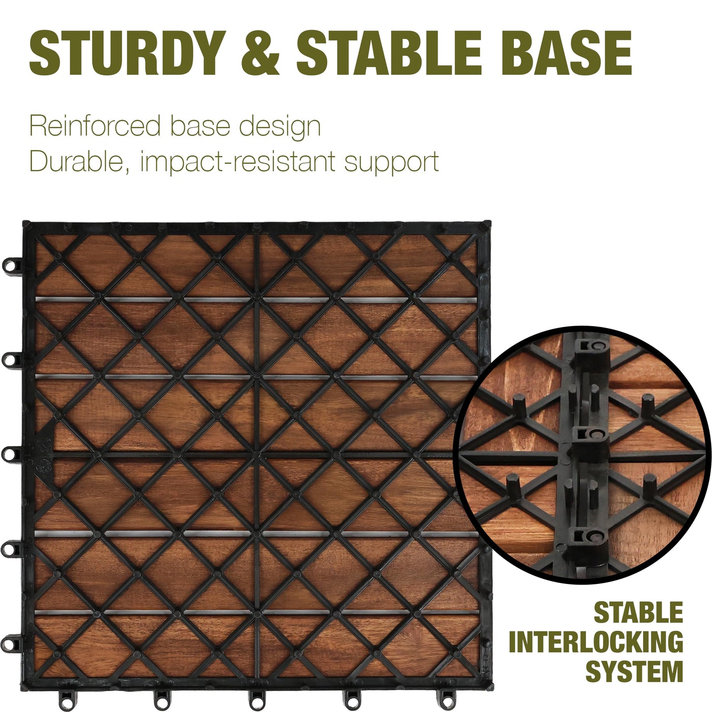 GREEN ALLUVIUM Premium Acacia Wood Interlocking Deck Tiles, 12"x12"x0.9" Outdoor Patio Flooring, Waterproof All-Weather Use, 9 PCS, Dark Brown – Striped Pattern