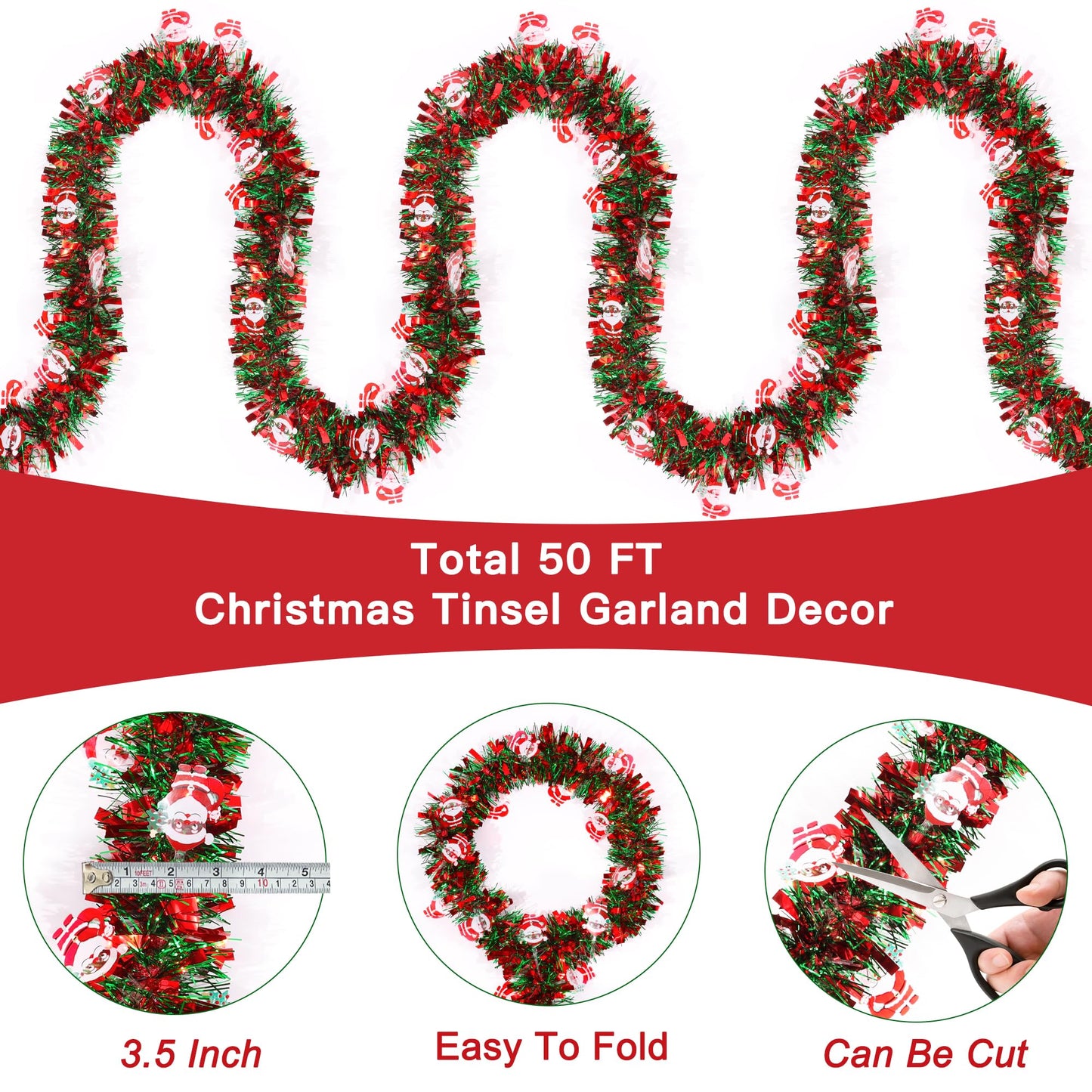 50FT Red Green Christmas Tinsel Garland with Santa Claus Ornaments, Metallic Twist Shiny Xmas Garland for Tree Decorations Fireplace Mantel Home Office Stair Party Outdoor Indoor Holiday Decor