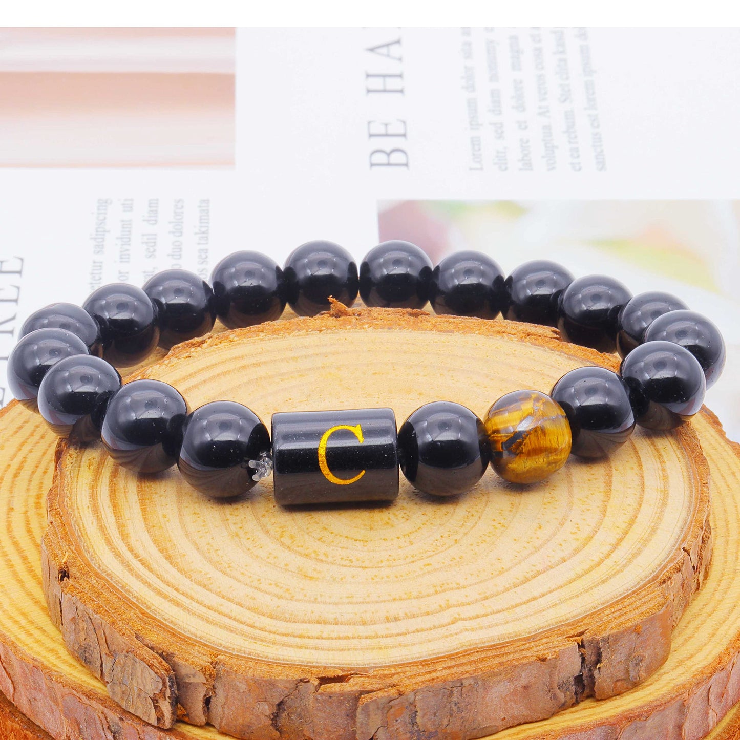 ZZ ZINFANDEL Initial Letter Black Obsidian Beaded Bracelets for Men, Mens Triple Protection Bracelet,10mm Natural Black Onyx Tiger Eye Stone Beads Bracelets (C)