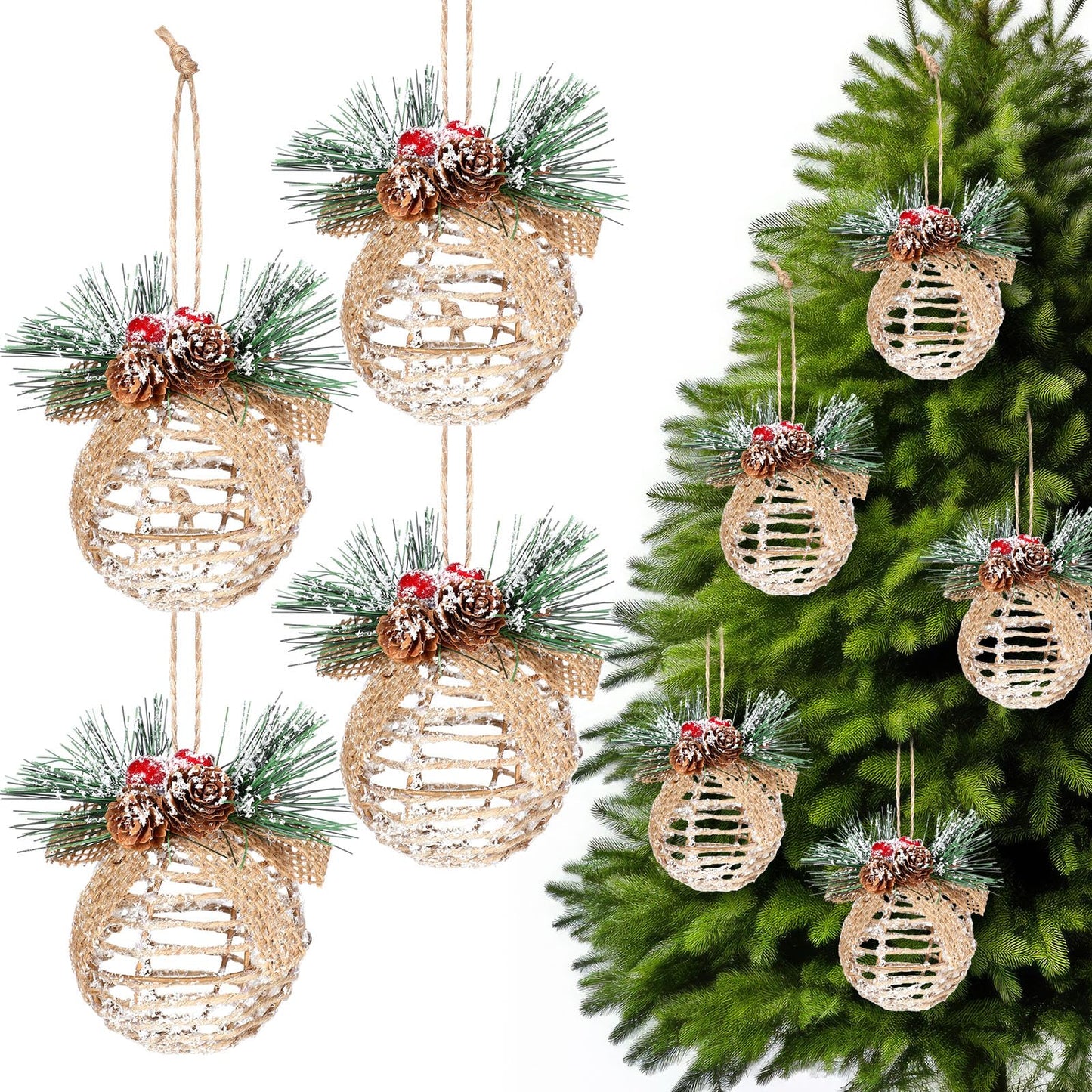 Gemscream 4 Pcs Farmhouse Christmas Ball Ornaments 3.15 Inch Rustic Boho Xmas Tree Hanging Decor with Pine Cones, Pine Needles, Berries and Burlap Bows Linen Shatterproof for Holiday Home Party Decor