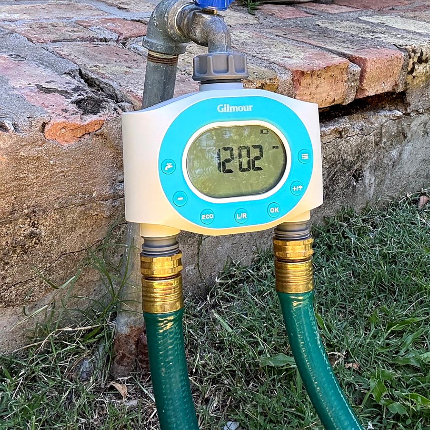 Gilmour Dual Outlet Water Timer for Garden Hose, Programmable Automatic Watering System, LCD Screen, Rain Delay, Battery Operated