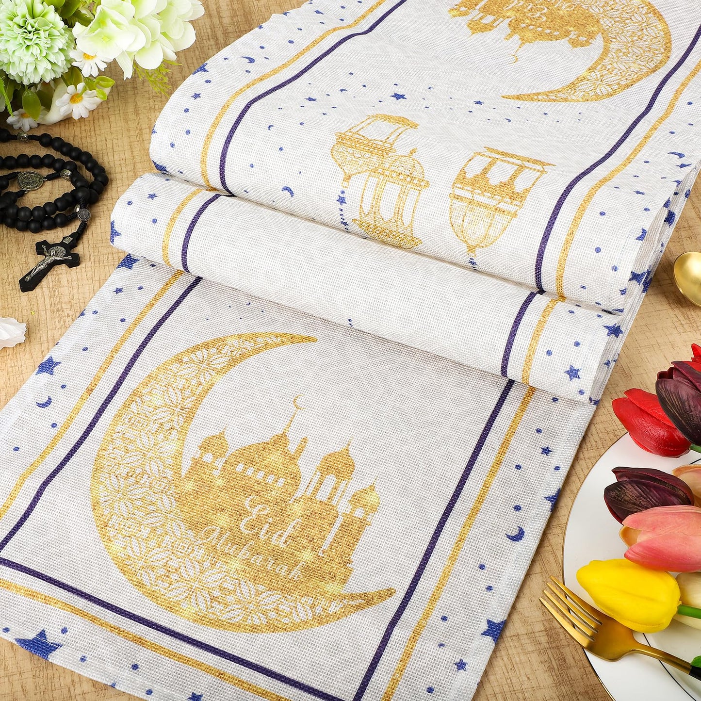 Eid Mubarak Table Runner Decoration, Ramadan Mosque Gold Moon Stars Islamic Happy Holiday for Dining Party Table Decorations Home,13x72 Inches (Beige)