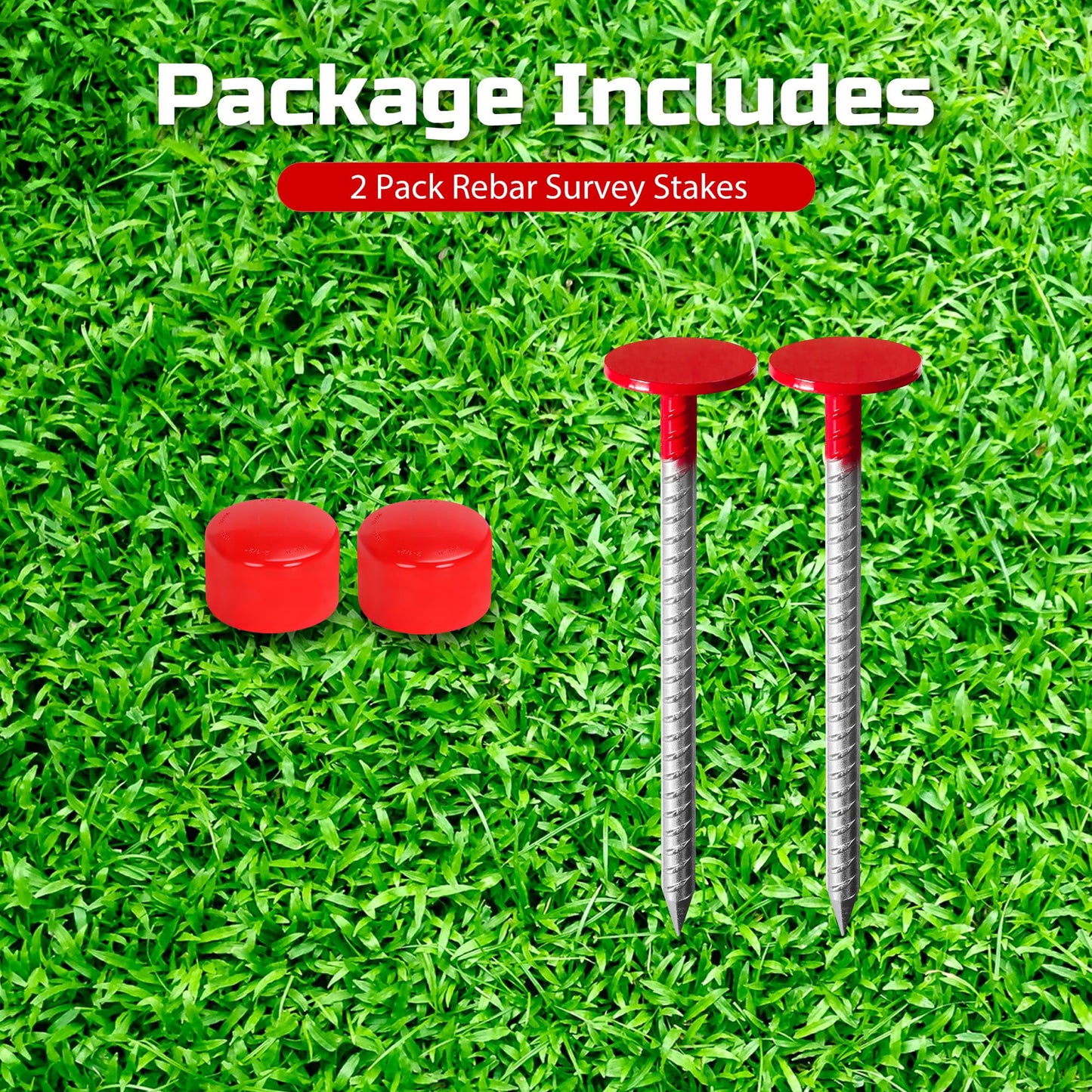 2 Pack Rebar Property Line Markers, 12 Inch Heavy Duty Galvanized Steel Survey Markers Stakes Hi-Vis Red Property Land Boundary Markers for Paving Gardens Lawn Edges Landscaping Edging Weed Barriers