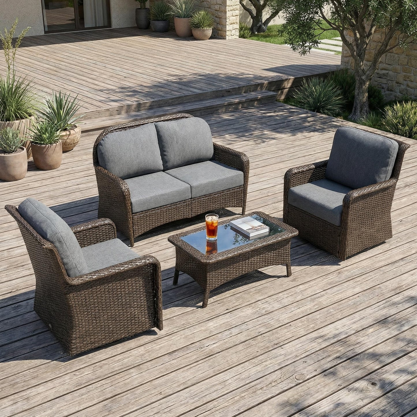 Tribesigns 5-Piece Outdoor Wicker Patio Furniture Set with 2 Swivel Chairs, 1 Loveseat & 2 Tables, Wicker Patio Chair Set with 26.8'' Deep Seat, Luxury Conversation Set for Porch, Yard, Brown/Gray