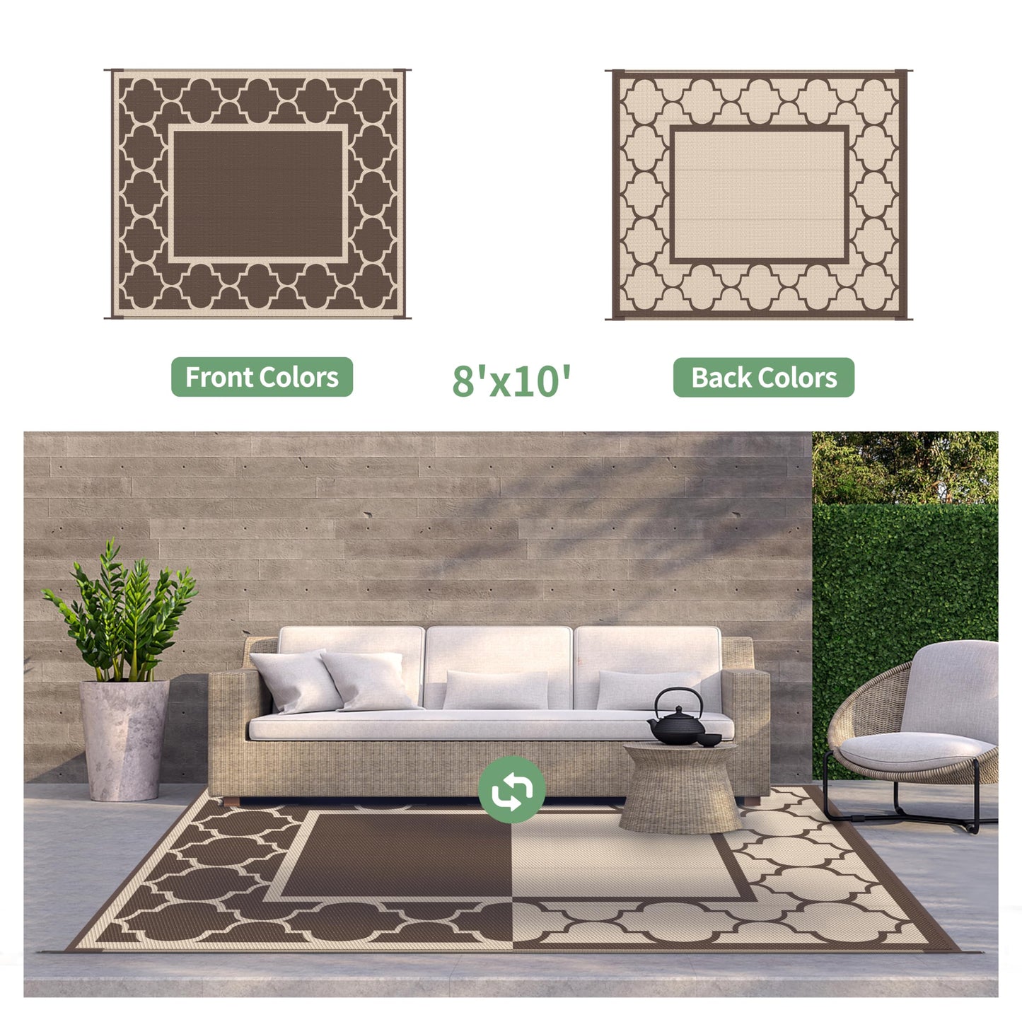 GENIMO Outdoor Rug 8' x 10' Patio Waterproof, Foldable Reversible Plastic Straw Area Rugs Mat for Camper Decor, Outside Carpet for Rv, Deck, Porch, Picnic, Beach, Balcony, Coffee & Beige