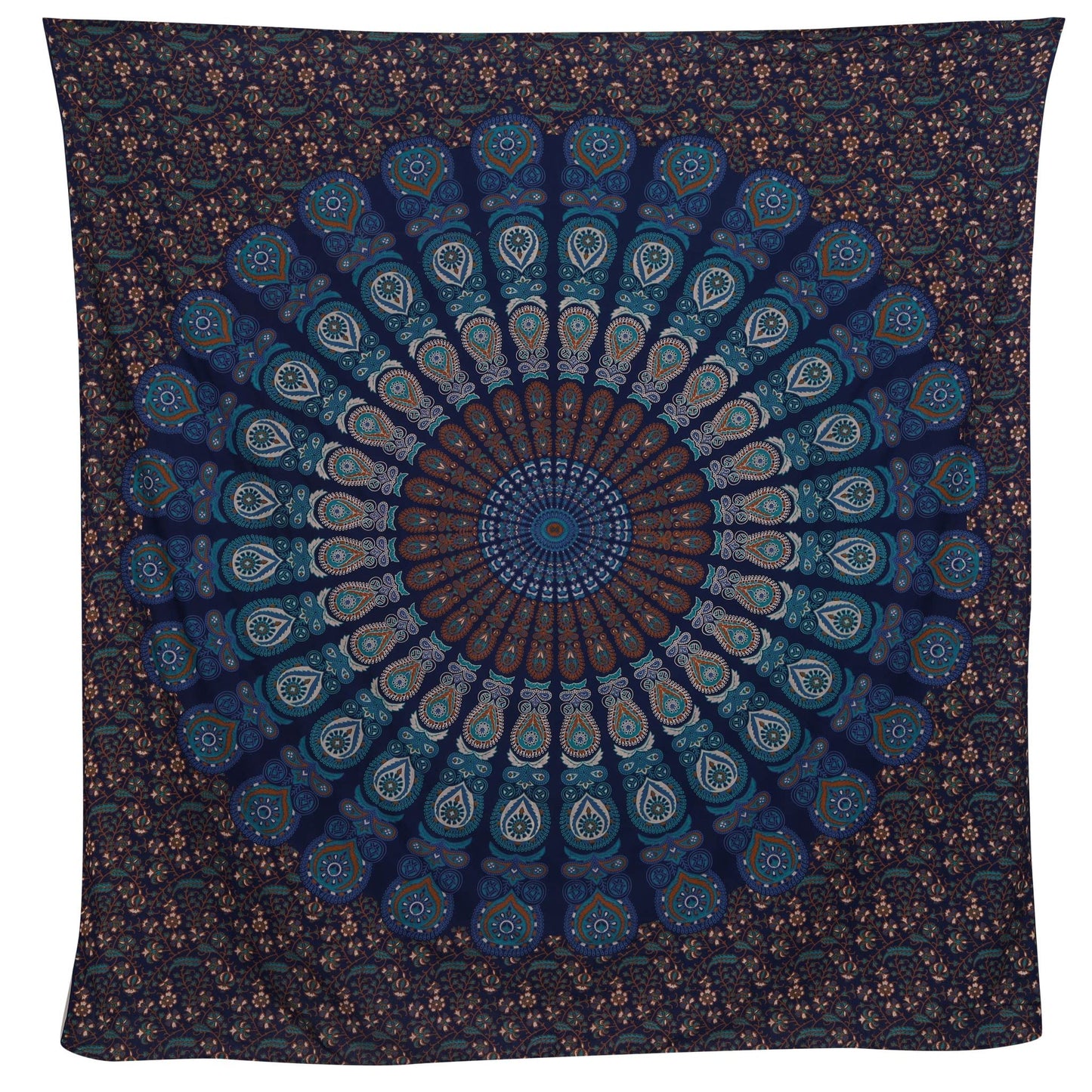 Bless International Handmade Indian hippie Bohemian Psychedelic Peacock Mandala Wall hanging College Dorm Beach Throws Table Cloth Bedding Tapestry (Blue Green, Queen(84x90Inches)(215x230Cms))