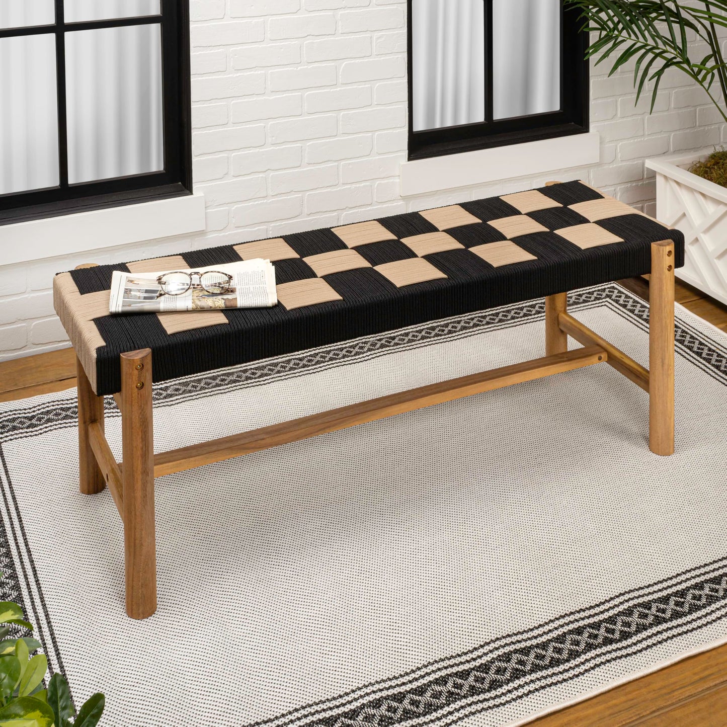 JONATHAN Y BNH202A Denis 48" 2-Seat Backless 700-Lbs Support Acacia Wood Outdoor Bench with Checkerboard Woven Rope Seat for Patio, Garden, Lawn, Backyard, Pool, Deck, Beach, Black/Beige