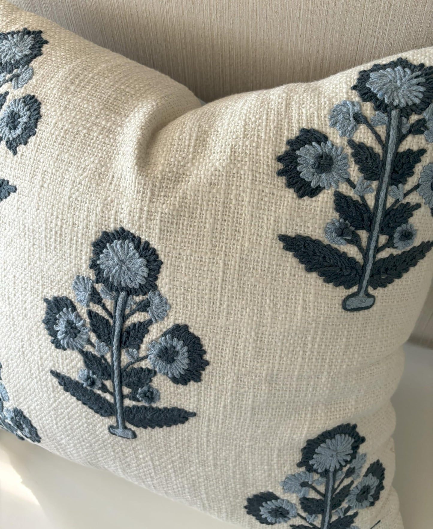 YugTex Hand Embroidered Pillow Cover - 20x20 Ivory Cotton Blue Floral Botanical - Russell Motif