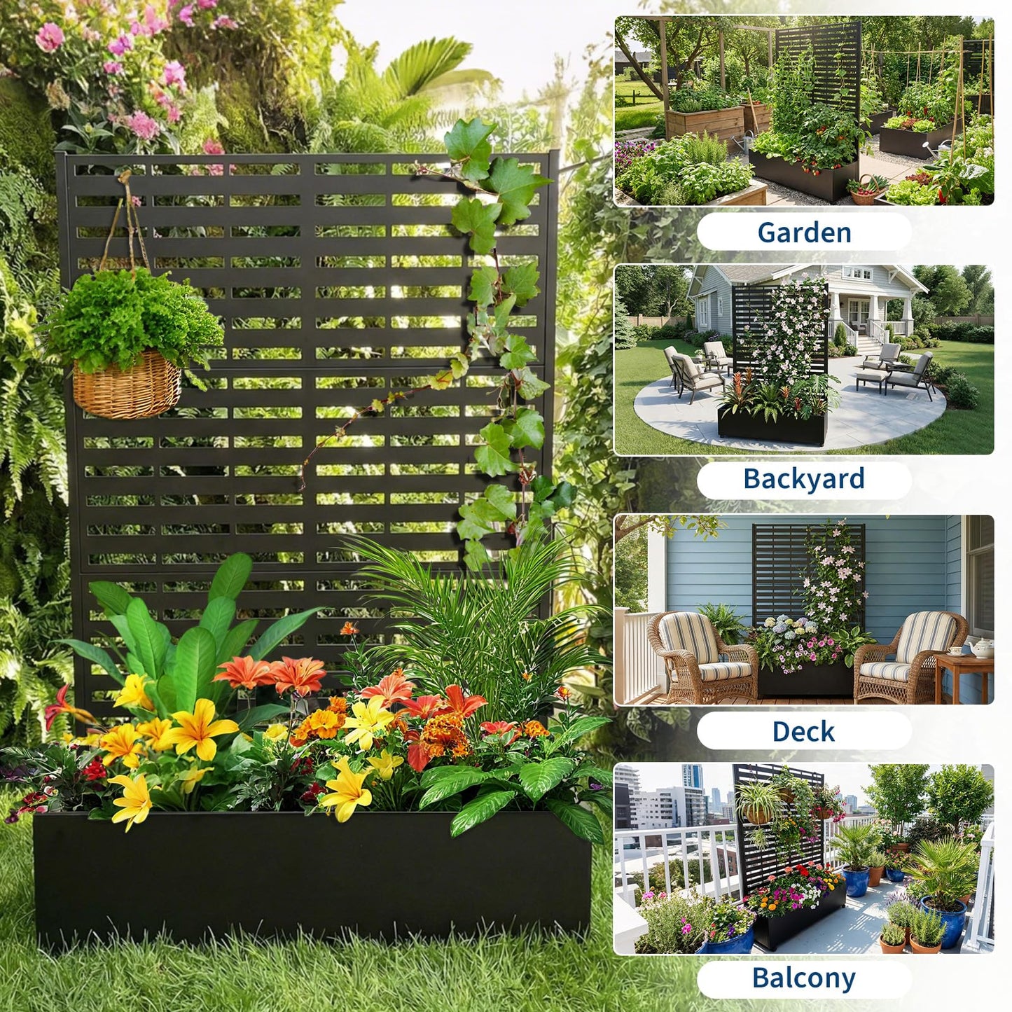 Garvee Metal Planter Box with Trellis, 71.5"x47"x16" Raised Garden Beds with Trellis and Wheels for Climbing Plants Vegetables, Privacy Screen Planter Box with Drainage Holes for Patio Balcony, Black