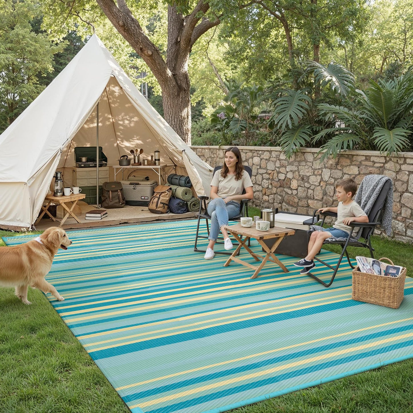 WondRg Outdoor Plastic Straw Rug Waterproof Patio 8x10 Teal Yellow Stripe Mat for Porch Camping RV Balcony Deck Courtyard Reversible Lightweight Durable Portable Carpet