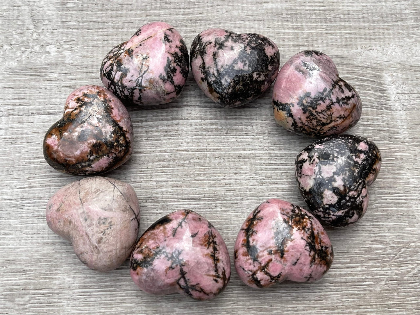 GAF TREASURES Rhodonite Gemstone Hearts, Polished Rhodonite Puffy Hearts, Rhodonite Crystal Palm Stone, Rhodonite Healing Crystal Hearts (1 Heart)