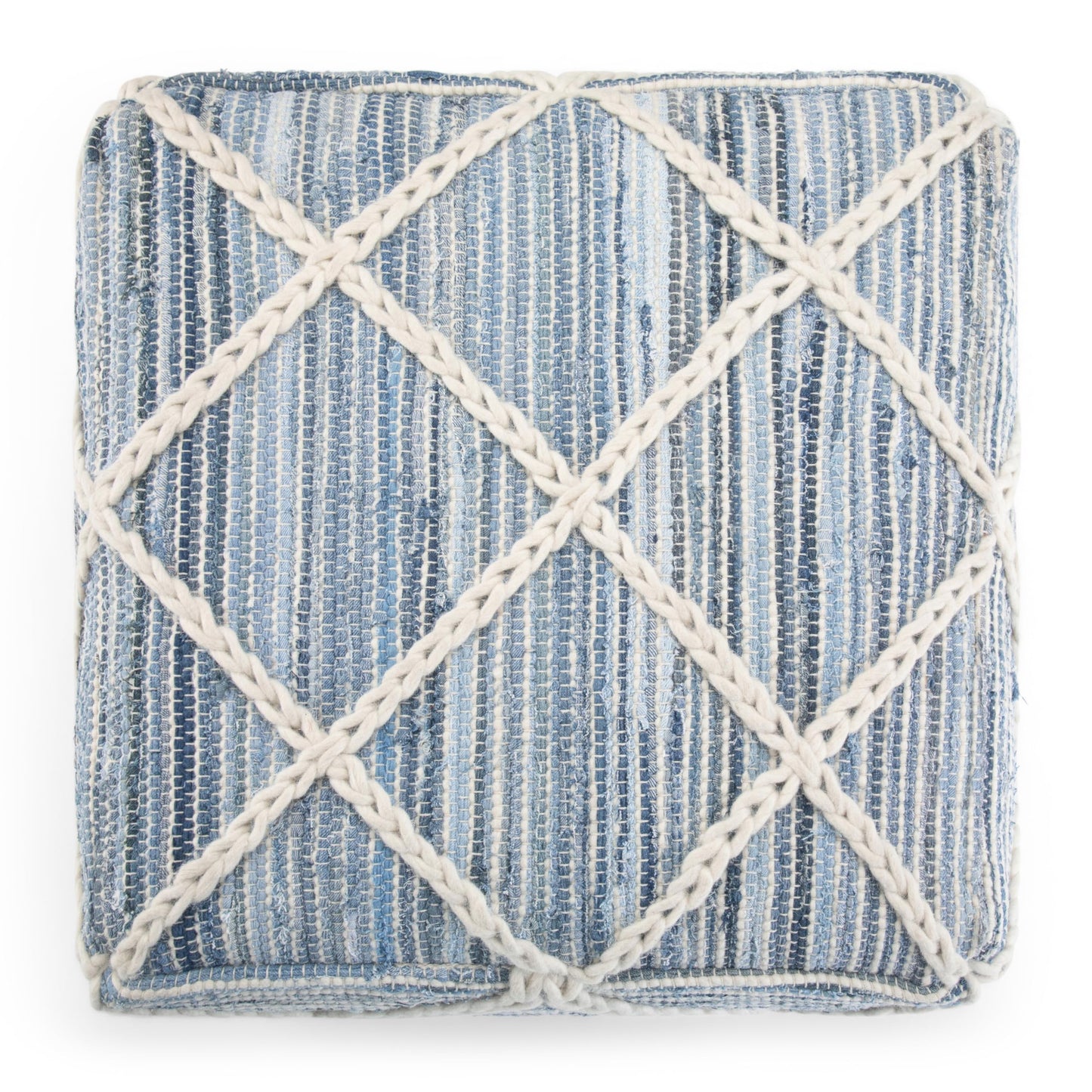 SIMPLIHOME Cowan Square Pouf - 20 inch Wide Handloom Woven Wool and Cotton Ottoman in Blue and Natural, Contemporary Footstool or Extra Seating for Living Room, Bedroom, or Kids Room, Assembled