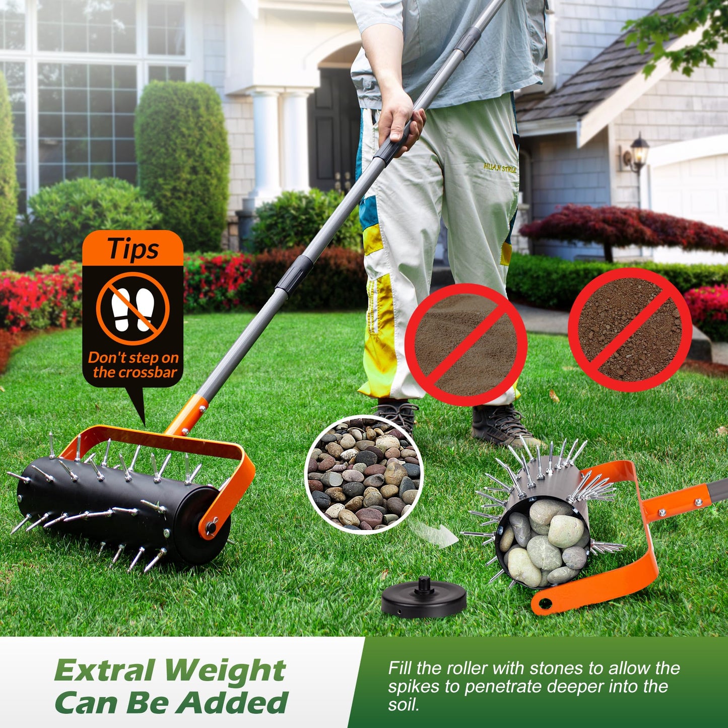 Walensee Rolling Lawn Aerator, Heavy Duty Manual Aerator Tool with 42 Spikes, Lawn Spike Aerator Roller with 71" Adjustable Handle, Soil Penetrator Push Lawn Aeration for Garden Yard Patio