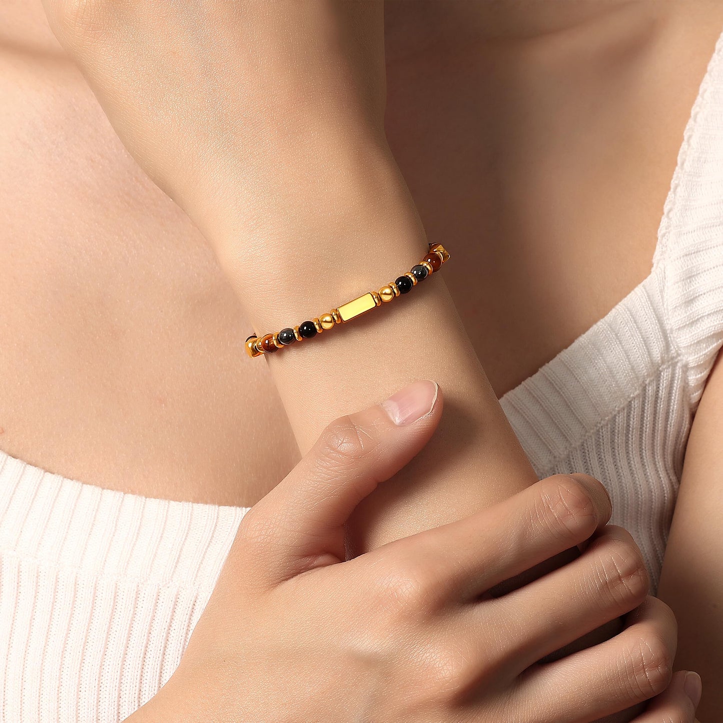 QINJIEJIE Protection Bracelet for Women Triple Protection Gifts Hematite Black Obsidian Tigers Eye Beads Crystal Bracelet Healing Worry Stone Gemstone Bracelet