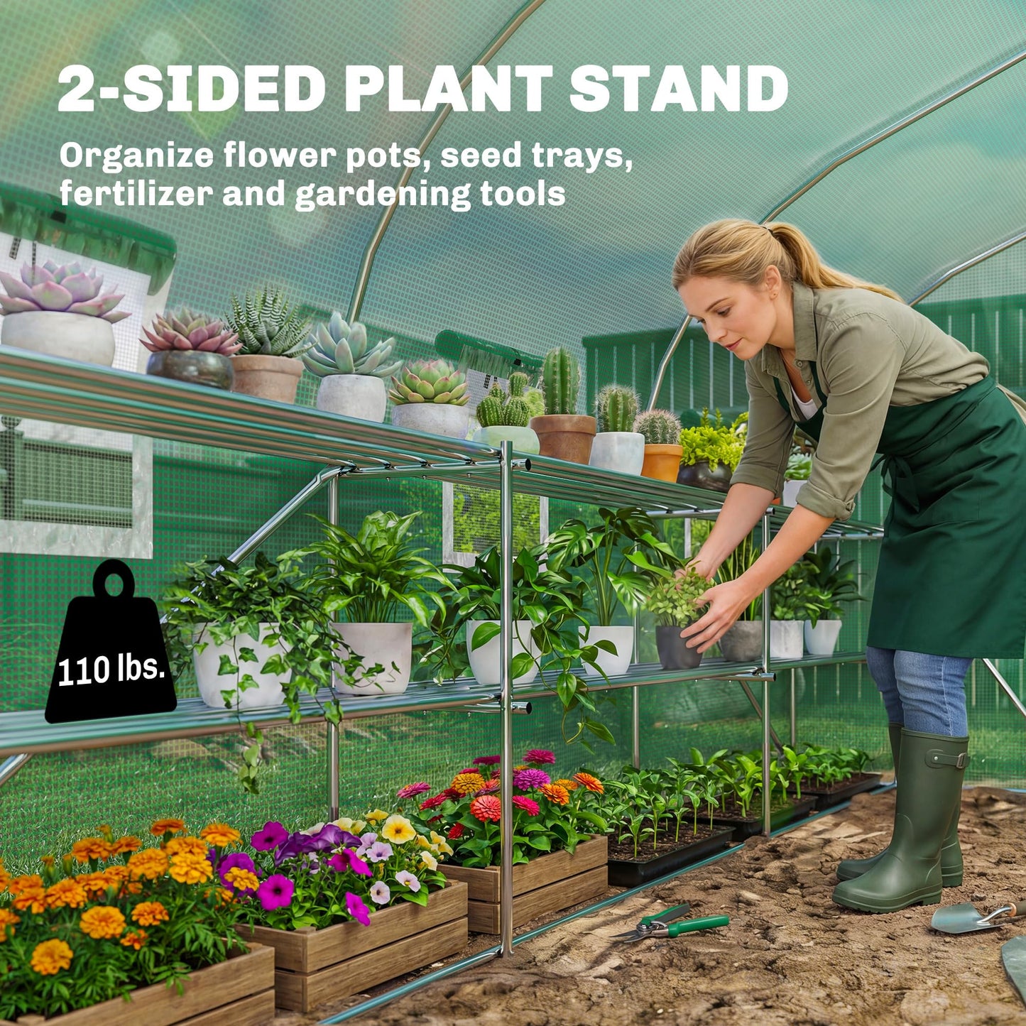 Outsunny 10'x11'x6' Walk-in Tunnel Greenhouse with Shelves, Mesh Door and Windows, Plant Hot House with PE Cover, Outdoor Green House for Patio Lawn Garden, Green