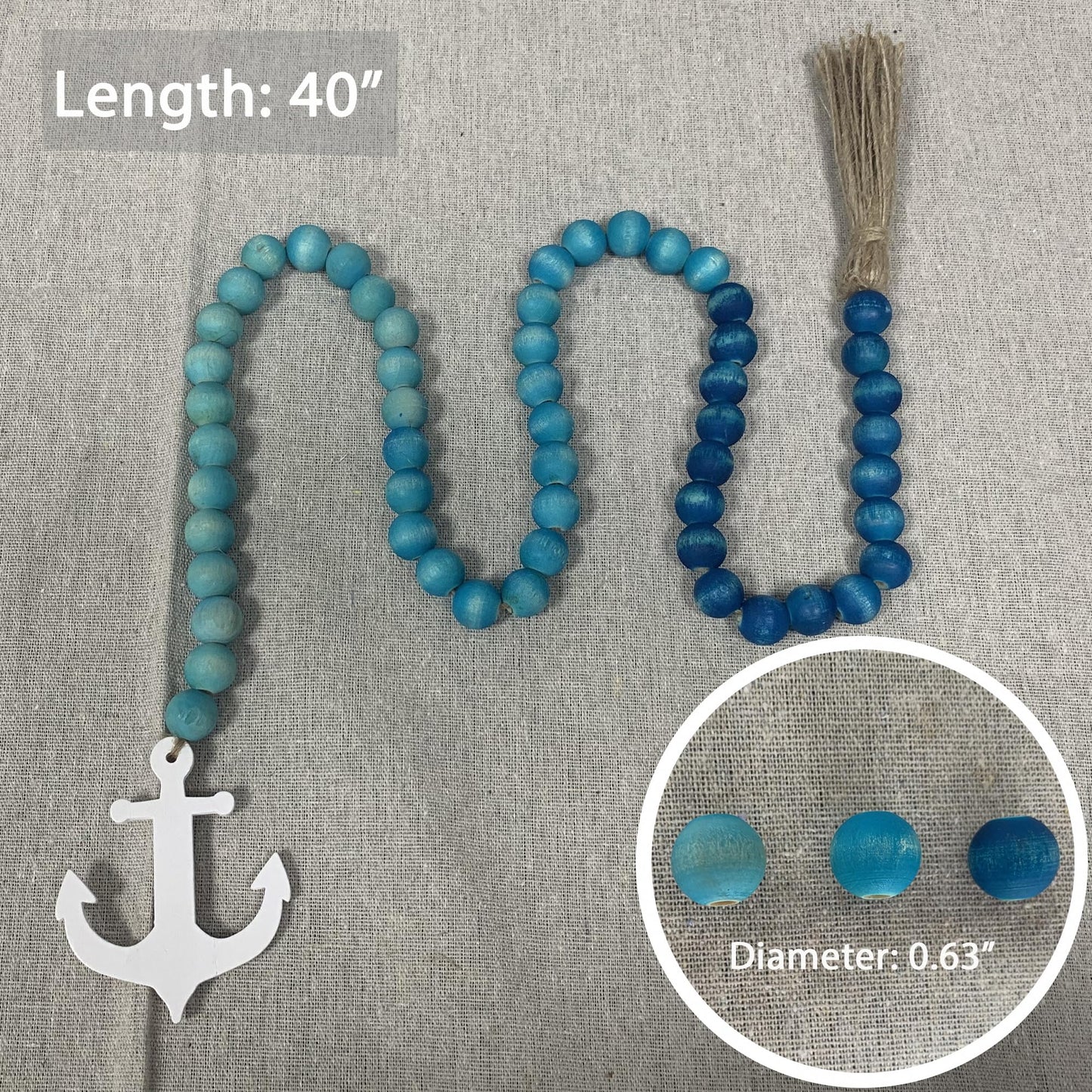 40" Handmade Farmhouse Bead Garland Wood with Tassel, Boho Chic Decorative String Beads Home Decor, Table Tiered Tray Country Wooden Accents