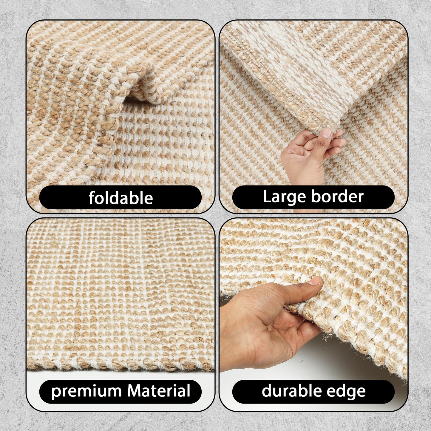 RUSVILLA 8x10 feet Natural Jute & Wool Area Rug,– Handwoven Mini Check Natural Fiber Rug with 4" Border, Neutral Boho Farmhouse Rug for Living Room,Dining Room,Bedroom | 0.6" Pile (8' x 10')