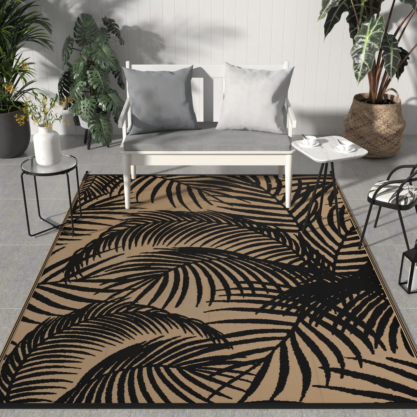 GENIMO Outdoor Rug 9' x 12' Waterproof for Patio Clearance, Reversible Plastic Straw Camping Carpet, Lightweight Mats for Rv, Backyard, Deck, Porch, Picnic, Beach, Balcony, Black & Brown