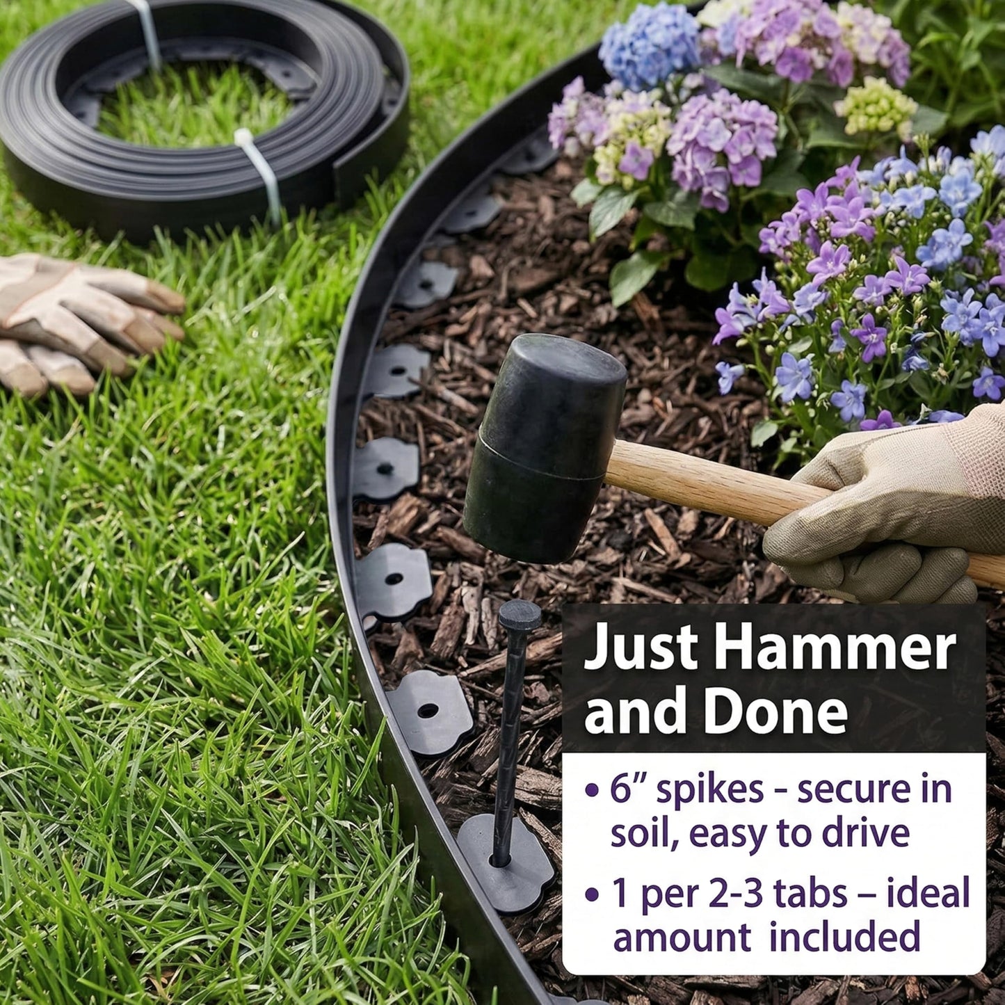 Gardzen 1.5" x 100' Landscape Edging Kit, Garden Edging Coil Comes with 120 Pcs Spikes, No Dig Lawn Border