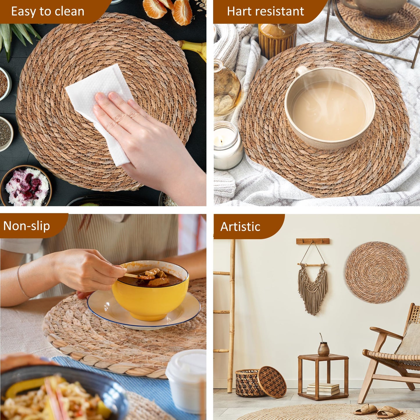 Defined Deco Woven Placemats Set of 10,12" Round Rattan Placemats,Natural Hand-Woven Water Hyacinth Placemats,Farmhouse Weave Place Mats,Rustic Braided Wicker Table Mats for Dining Table,Home,Wedding.