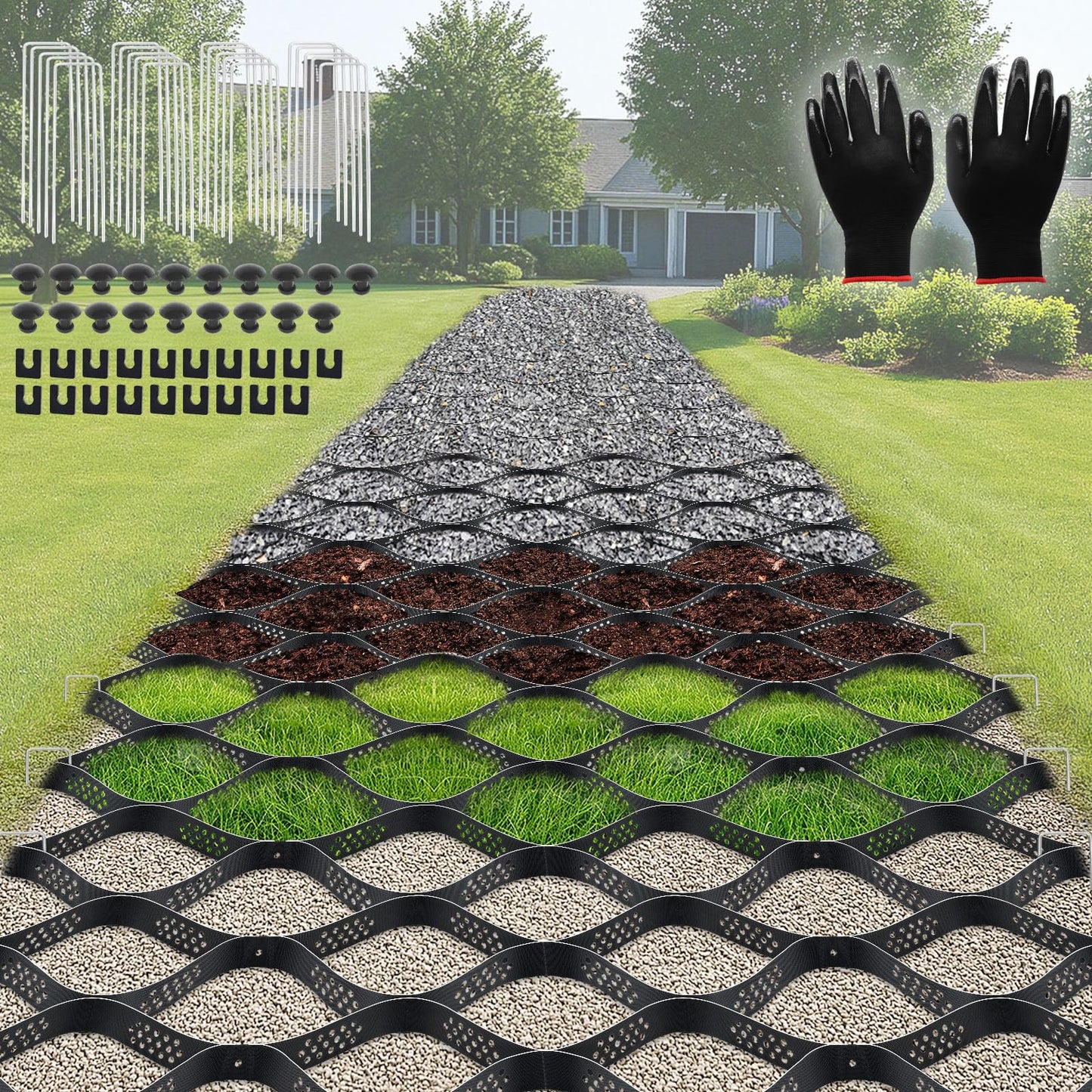 Gravel Grid 33ft X 4ft, 2'' Depth Gravel Stabilizer Grid for Pavers Base, Geogrid 1900 Lbs/Sq Ft Load with 40 Geocell Accessories & Gloves for Driveway Parking Ground Walkway Dirt Locker Slope